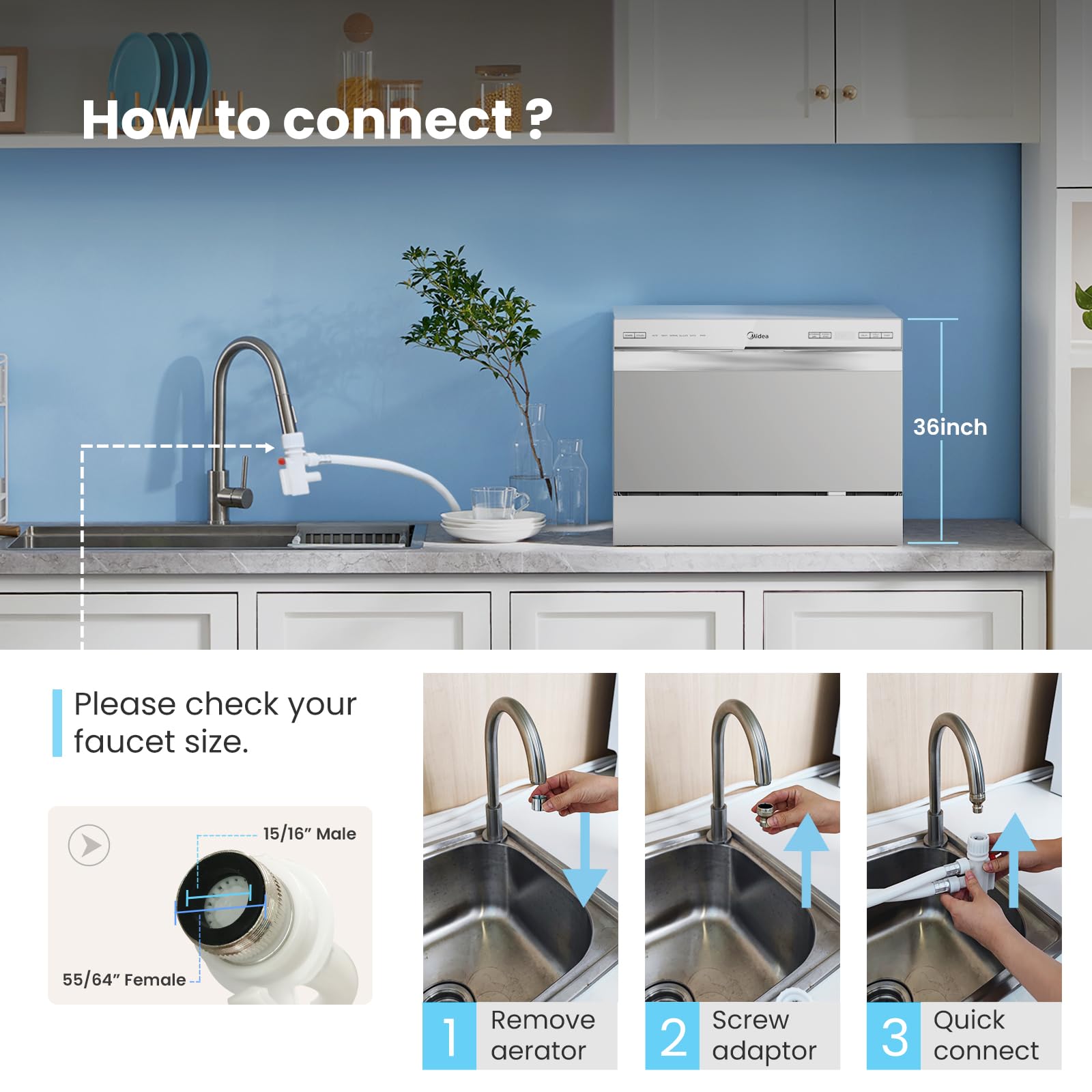 Midea MDC22P2ASS Countertop, Portable Place Settings & 6+2 Washing Cycles. Energy Star Dishwasher, Dish Washer for Dorm, RV& Apartment, Sliver, Silver