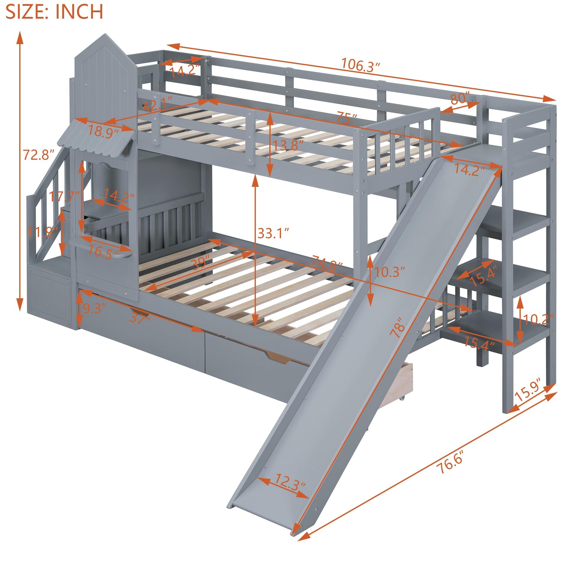 Twin-Over-Twin Bunk Beds Castle Style Bunk Bed with 2 Drawers 3 Shelves and Slide - Gray