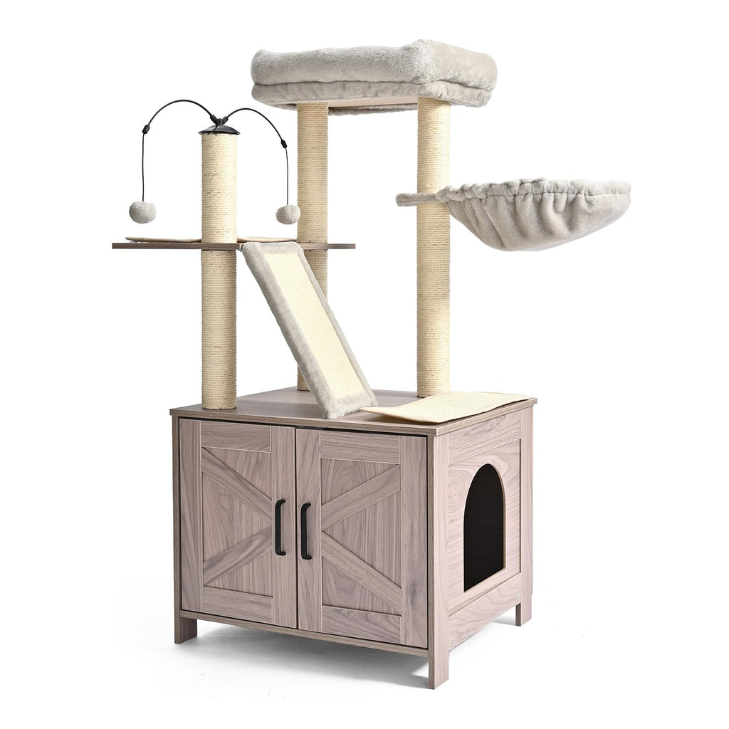 Amazon Basics Furniture-Style Cat Tree with Litter Box Enclosure, Scratching Posts, Sisal Pad, Cozy Perch and Hammock