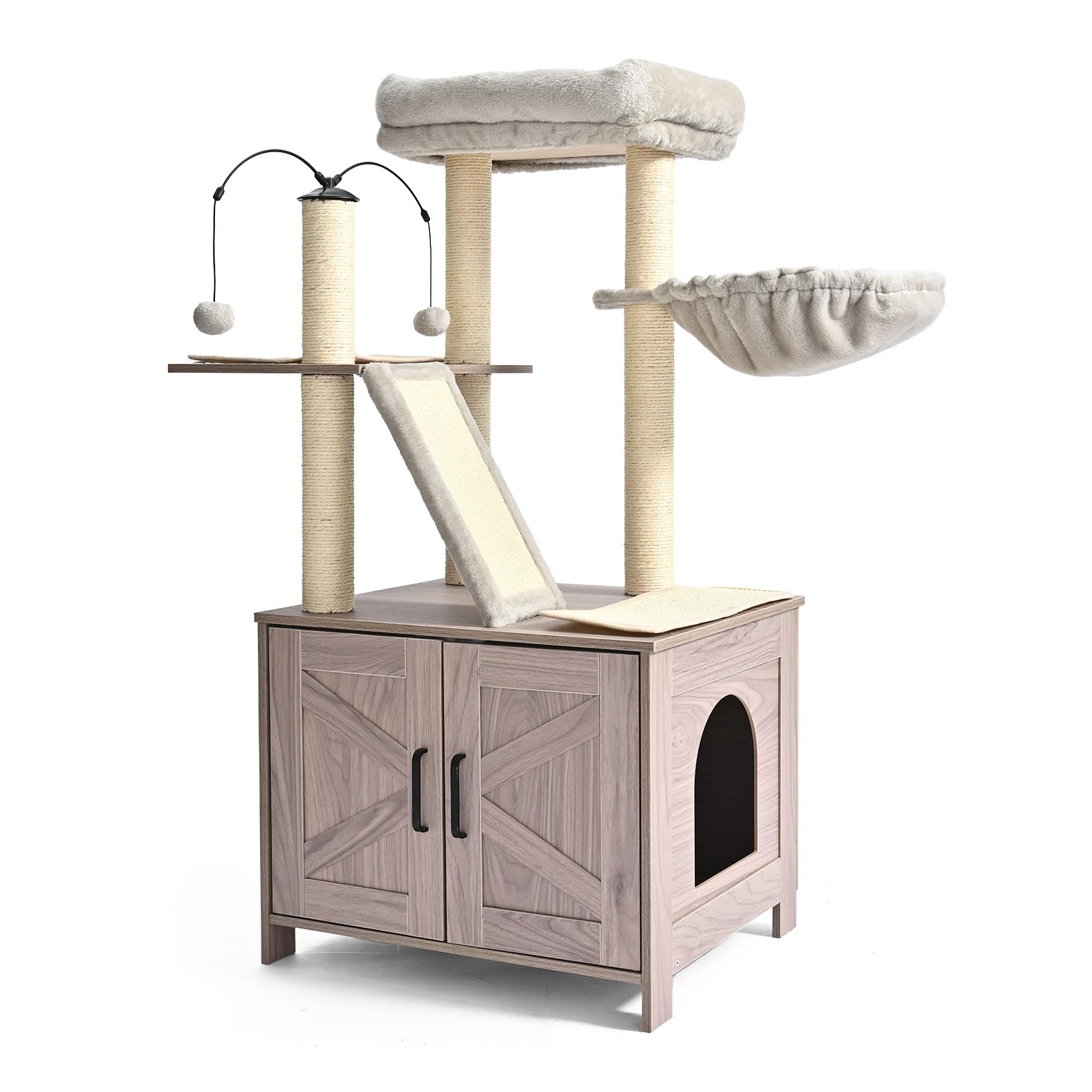 Amazon Basics Furniture-Style Cat Tree with Litter Box Enclosure, Scratching Posts, Sisal Pad, Cozy Perch and Hammock