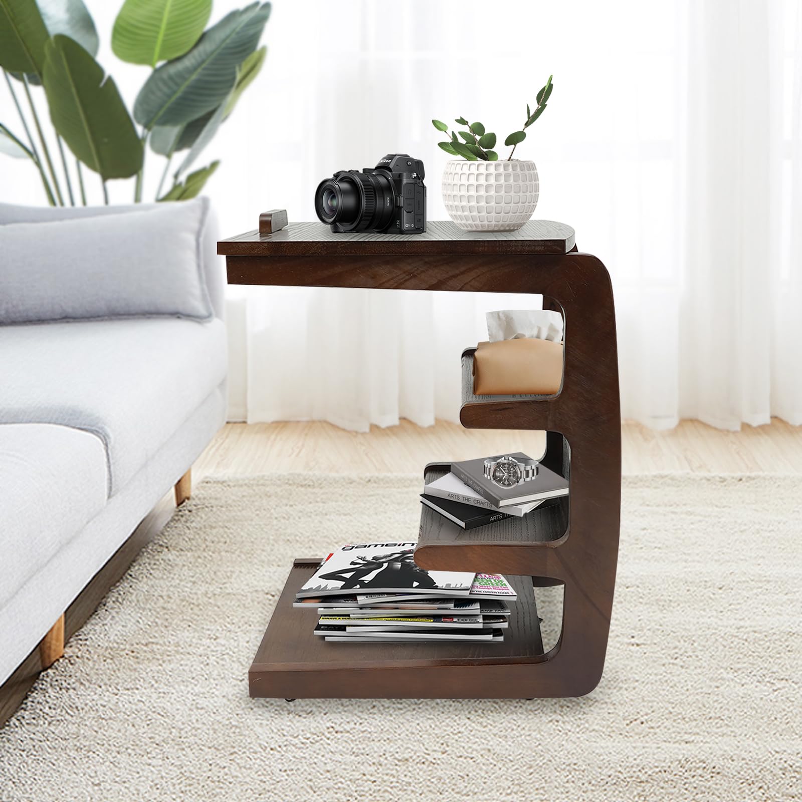TrueyEssence C-Shaped End Table with Wheels, 4-Tier Small Side Table Wooden Couch Table Reading Table with Storage Adjustable Desktop for Living Room Bedroom