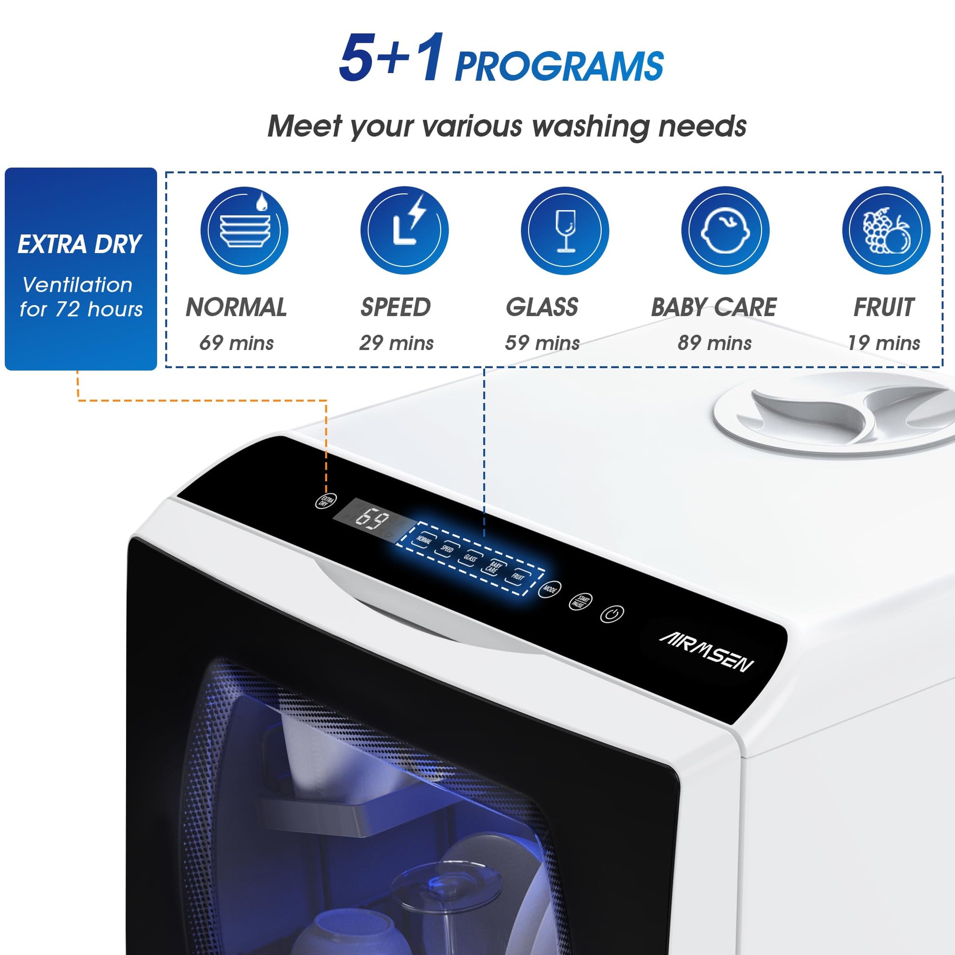 AIRMSEN Portable Countertop Dishwashers, 5 Washing Programs Mini Dishwashers with 5 L Built-in Water Tank and Double-layered Glass Door, No Hookup Needed for Home, Apartments & RVs