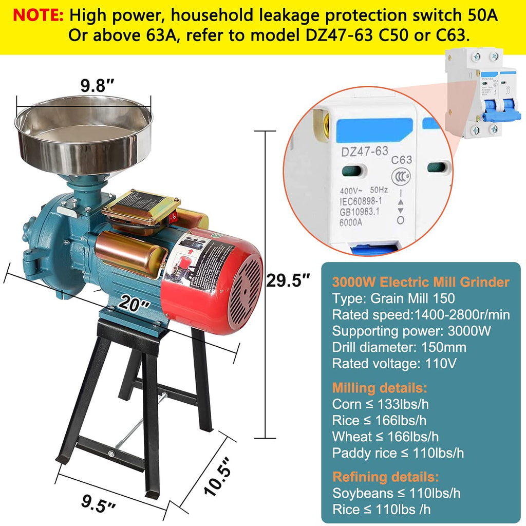 SLSY Electric Mill Grinder 110V 3000W, Commercial Feed Mill Dry Grinder, Heavy Duty Milling Machine for Cereals, Rice, Corn, Grain, Coffee, Wheat With Funnel