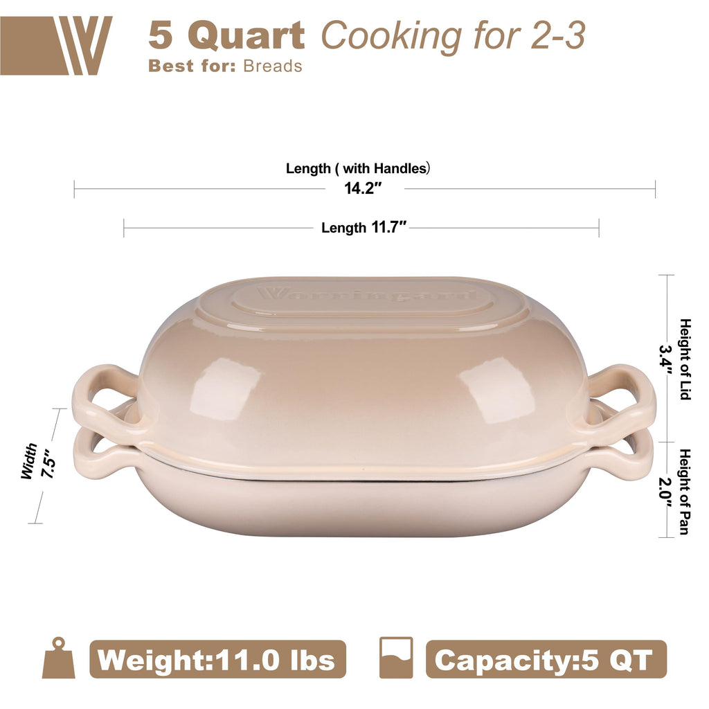 VORRINGARD Enameled Cast Iron Sourdough Bread Oven, Dutch Oven, Loaf Cast Iron Bread Pan for Homemade Bread Baking, Meatloaf Pan with Lid, 5QT, Latte
