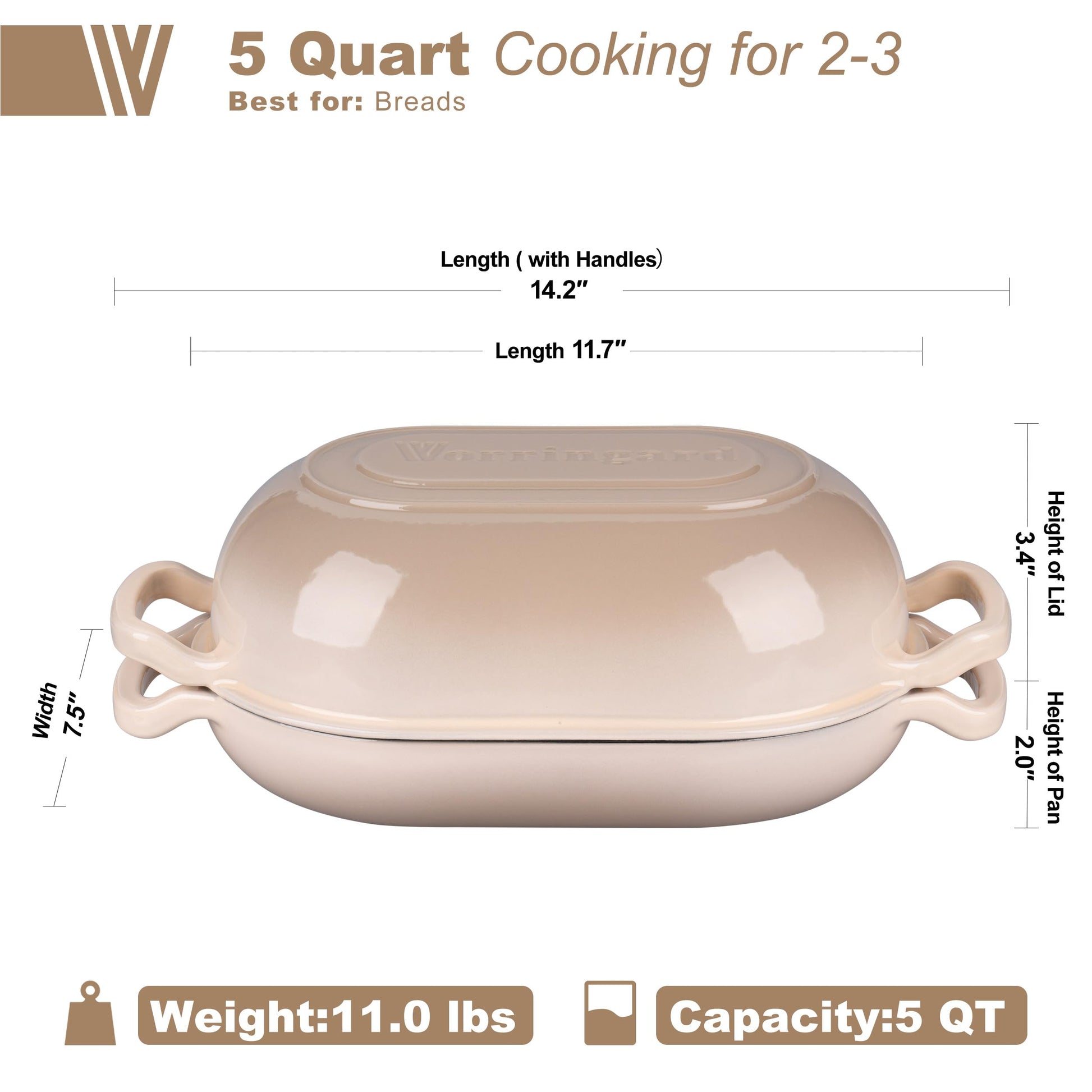 VORRINGARD Enameled Cast Iron Sourdough Bread Oven, Dutch Oven, Loaf Cast Iron Bread Pan for Homemade Bread Baking, Meatloaf Pan with Lid, 5QT, Latte