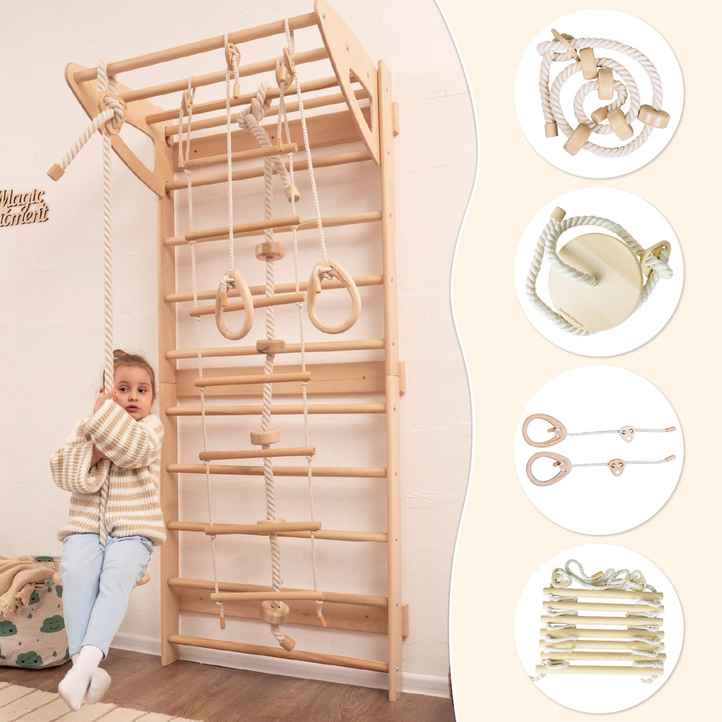 Woodandhearts Swedish Ladder for Kids with Rope Accessories - Indoor Jungle Gym, Indoor Jungle Gym for Kids Ages 6-16, Indoor Climbing Gym (Swedish Ladder of 2 Parts)