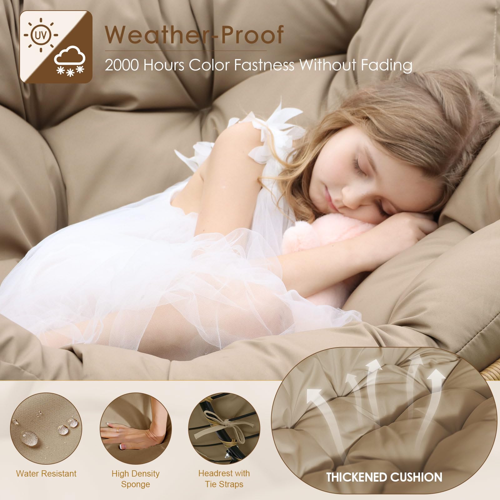 NICESOUL Indoor Outdoor Papasan Rocking Chair with Cushion, Oversized All Weather Patio Wicker Egg Rocking Glider Chairs, 450Lbs Sturdy Comfy Recliner Lounger for Balcony Backyard Porch, Brown