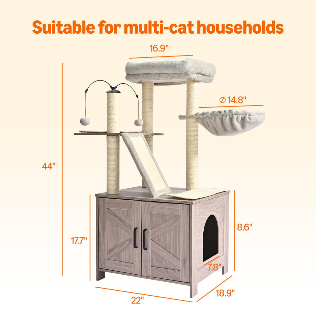 Amazon Basics Furniture-Style Cat Tree with Litter Box Enclosure, Scratching Posts, Sisal Pad, Cozy Perch and Hammock