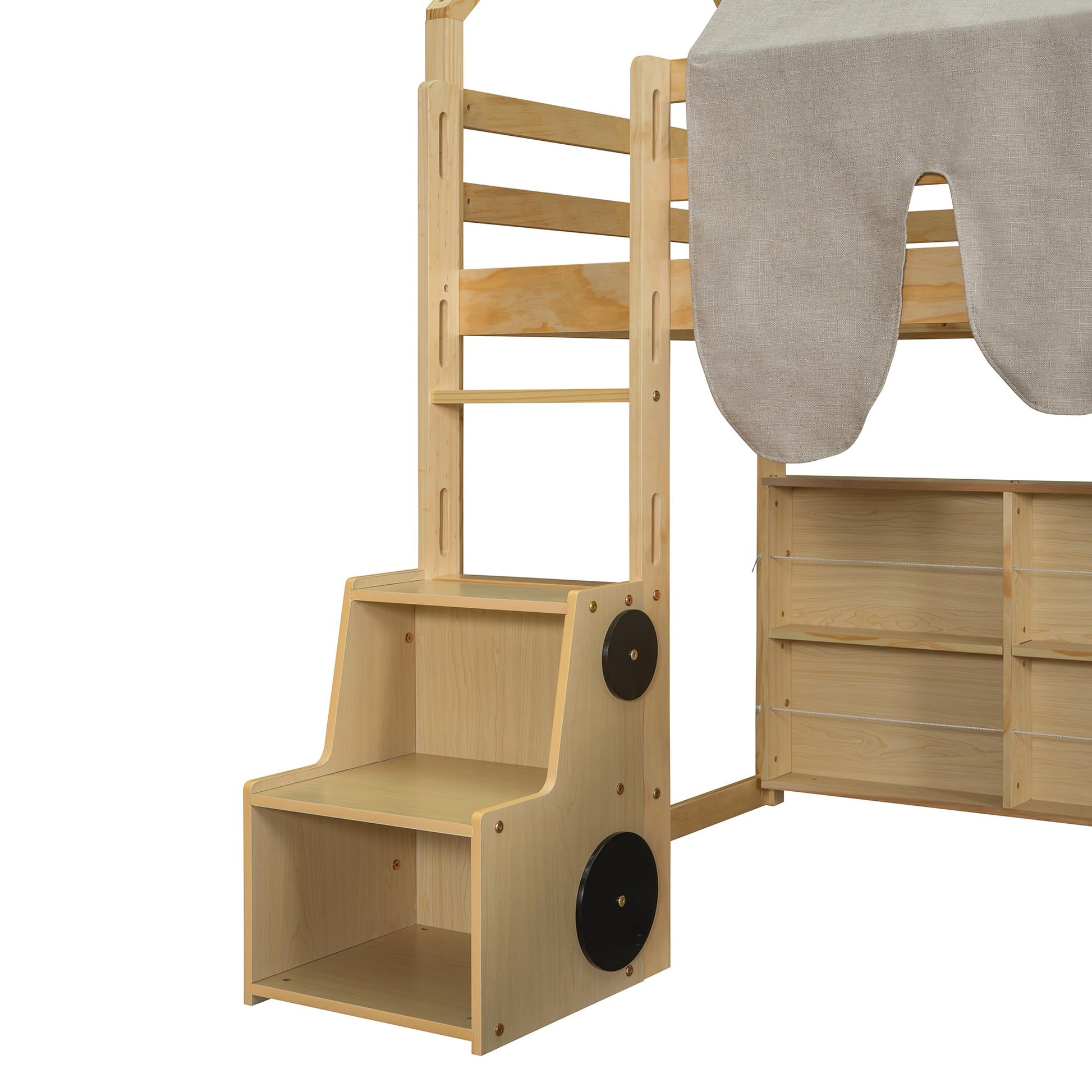 LZ LEISURE ZONE Twin Size Loft Bed with Slide, Wooden Twin House-Shaped Frame with Ladder, Shelves and a Tent, Natural