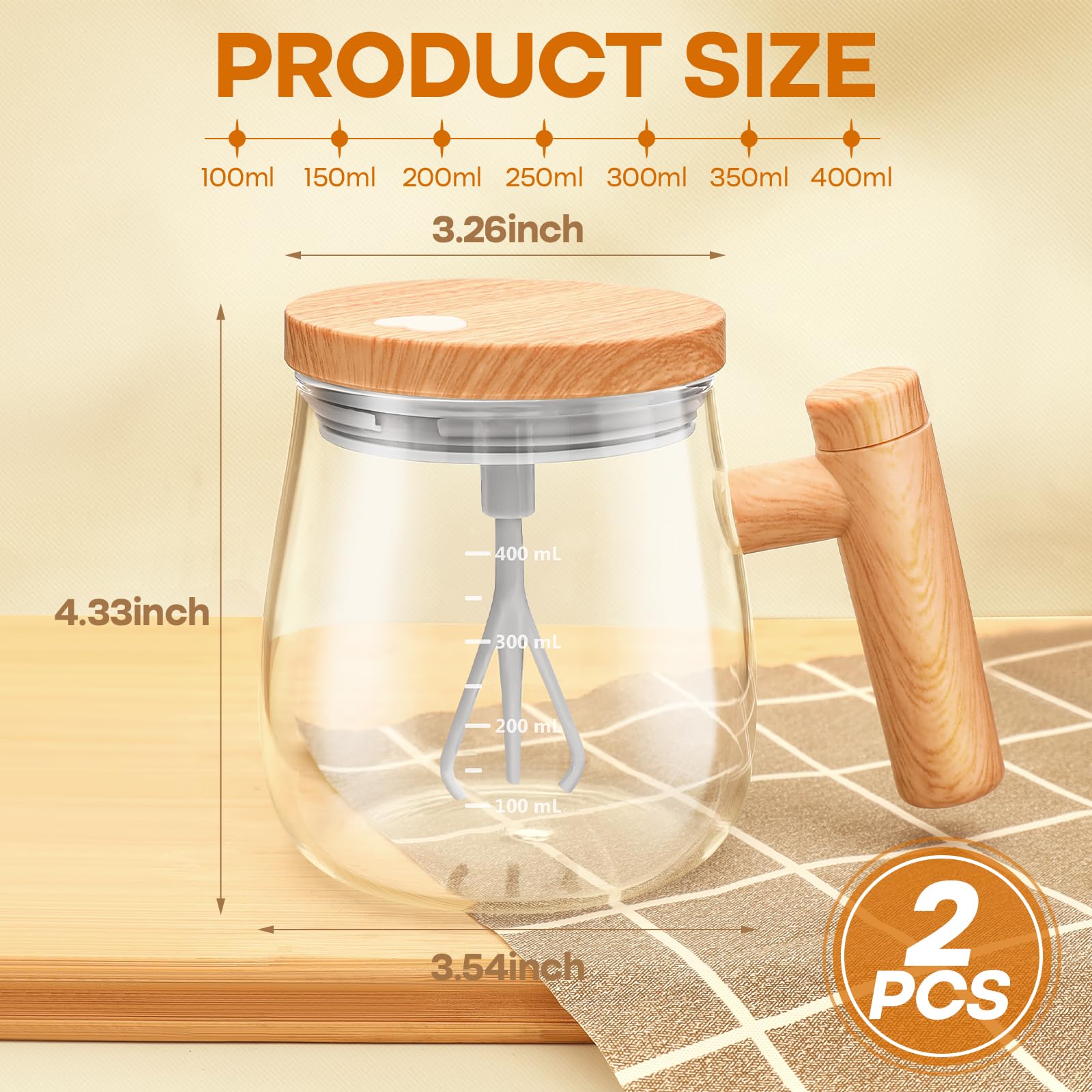 RMERVE 13.5 Oz Self Stirring Coffee Mug with Lid and Handle Glass Self Stirring Coffee Mug Battery Power Electric High Speed Mixing Cup For Stir Mixed Drink Milk Protein for Office Home, 2PCS (Clear)