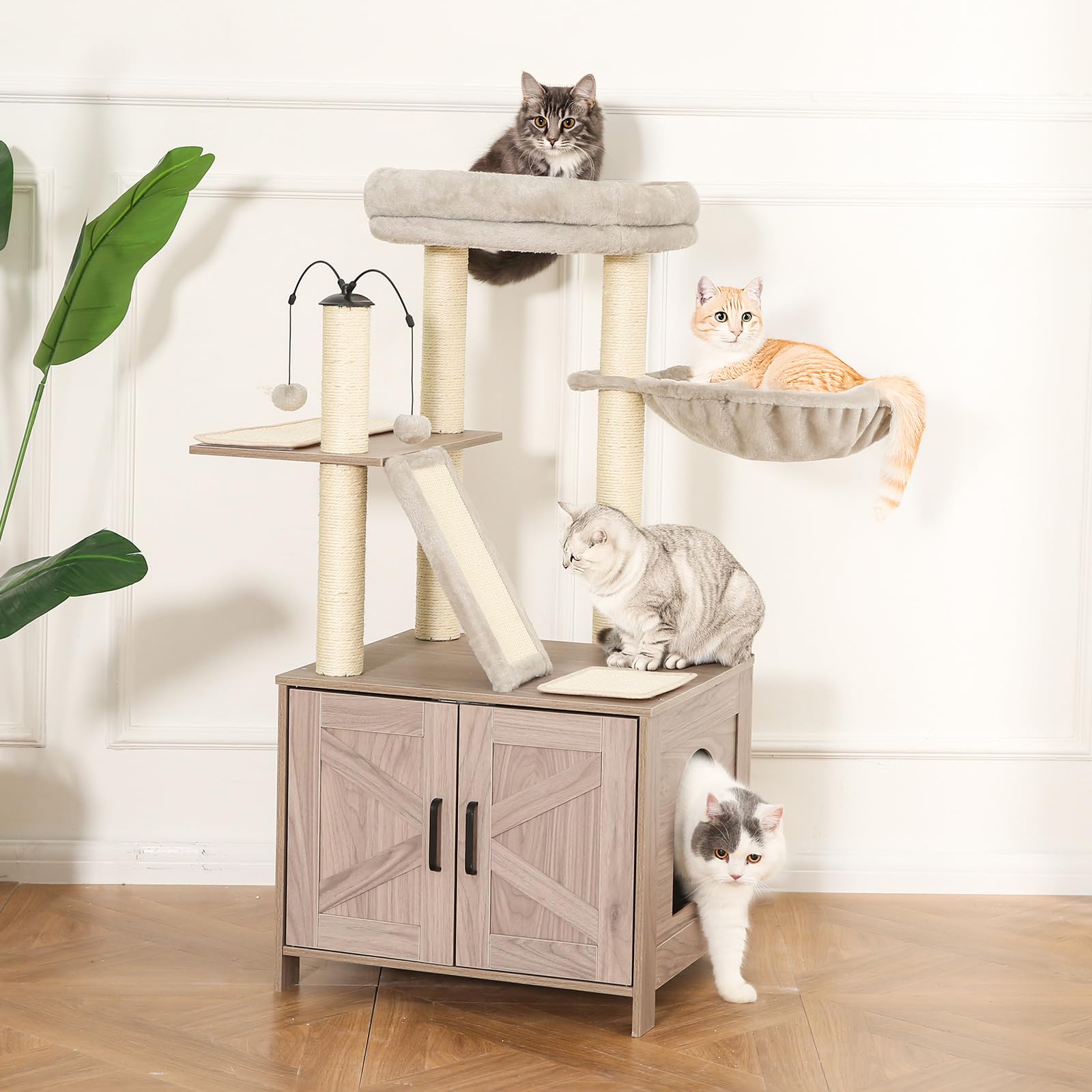 Amazon Basics Furniture-Style Cat Tree with Litter Box Enclosure, Scratching Posts, Sisal Pad, Cozy Perch and Hammock