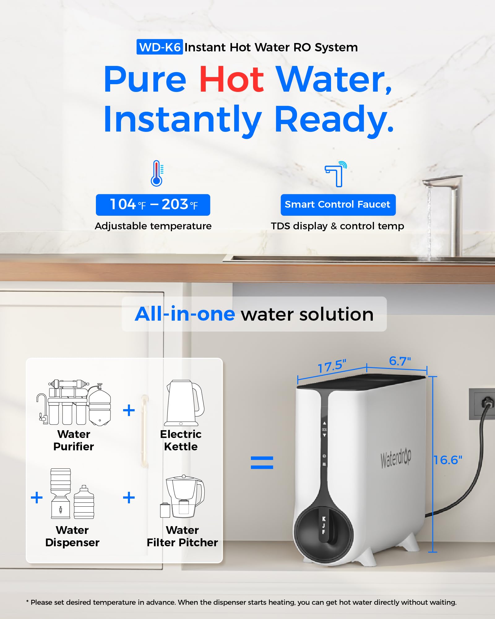 Waterdrop Reverse Osmosis System, Instant Hot Water Dispenser, 600 GPD, Reduce PFAS, Tankless, 2:1 Pure to Drain, Under Sink, TDS Reduction, Smart LED Faucet, Hot and Cold Water Dispenser Faucet