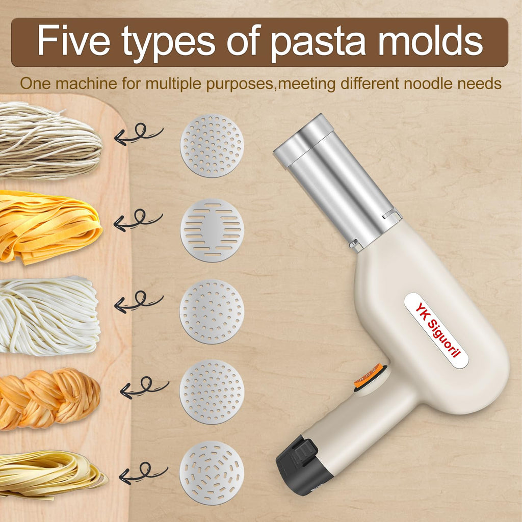 YK Siguoril Handheld Electric Pasta Maker 5-in-1 Cordless Pasta Maker Machine Automatic Noodle Press Machine for Homemade Spaghetti, Portable Noodle Maker with Dough Cutter, Quick and Easy to Clean