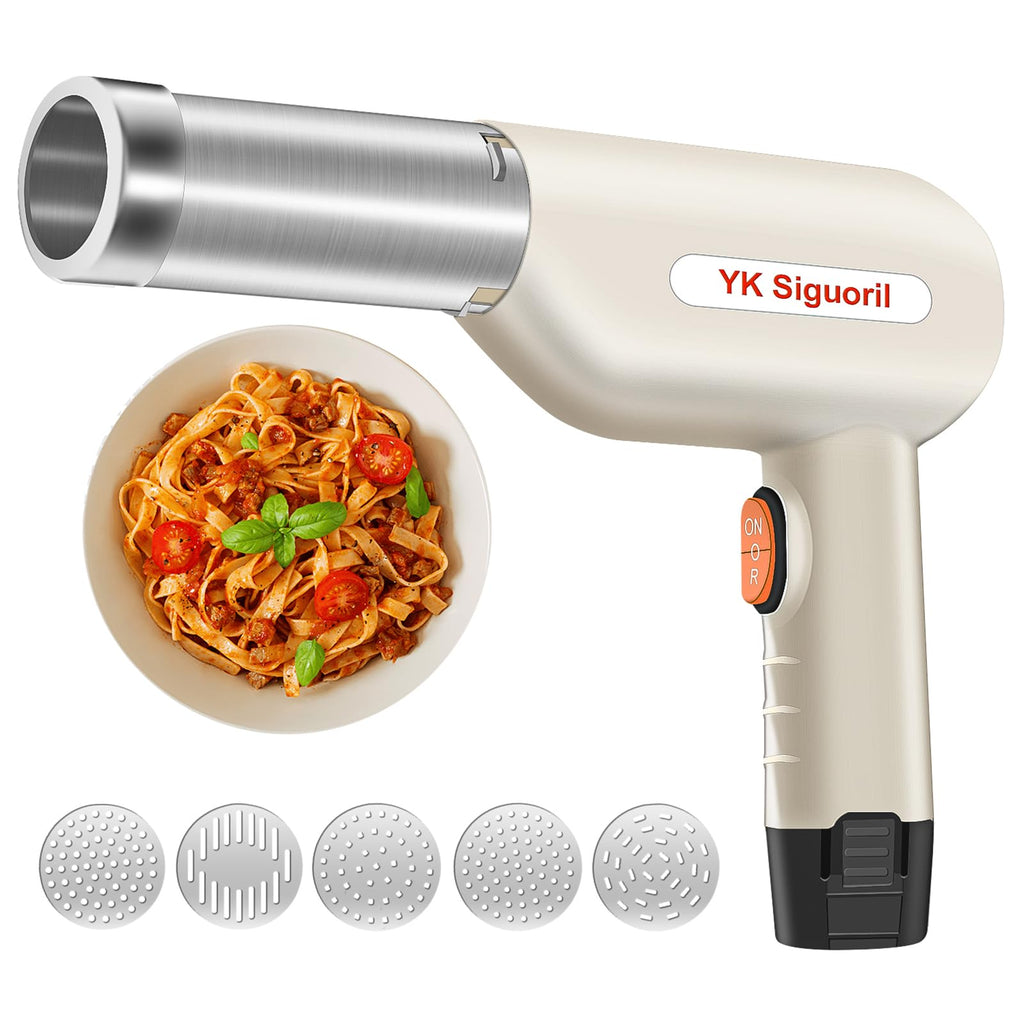 YK Siguoril Handheld Electric Pasta Maker 5-in-1 Cordless Pasta Maker Machine Automatic Noodle Press Machine for Homemade Spaghetti, Portable Noodle Maker with Dough Cutter, Quick and Easy to Clean