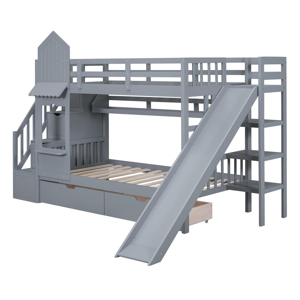 Twin-Over-Twin Bunk Beds Castle Style Bunk Bed with 2 Drawers 3 Shelves and Slide - Gray