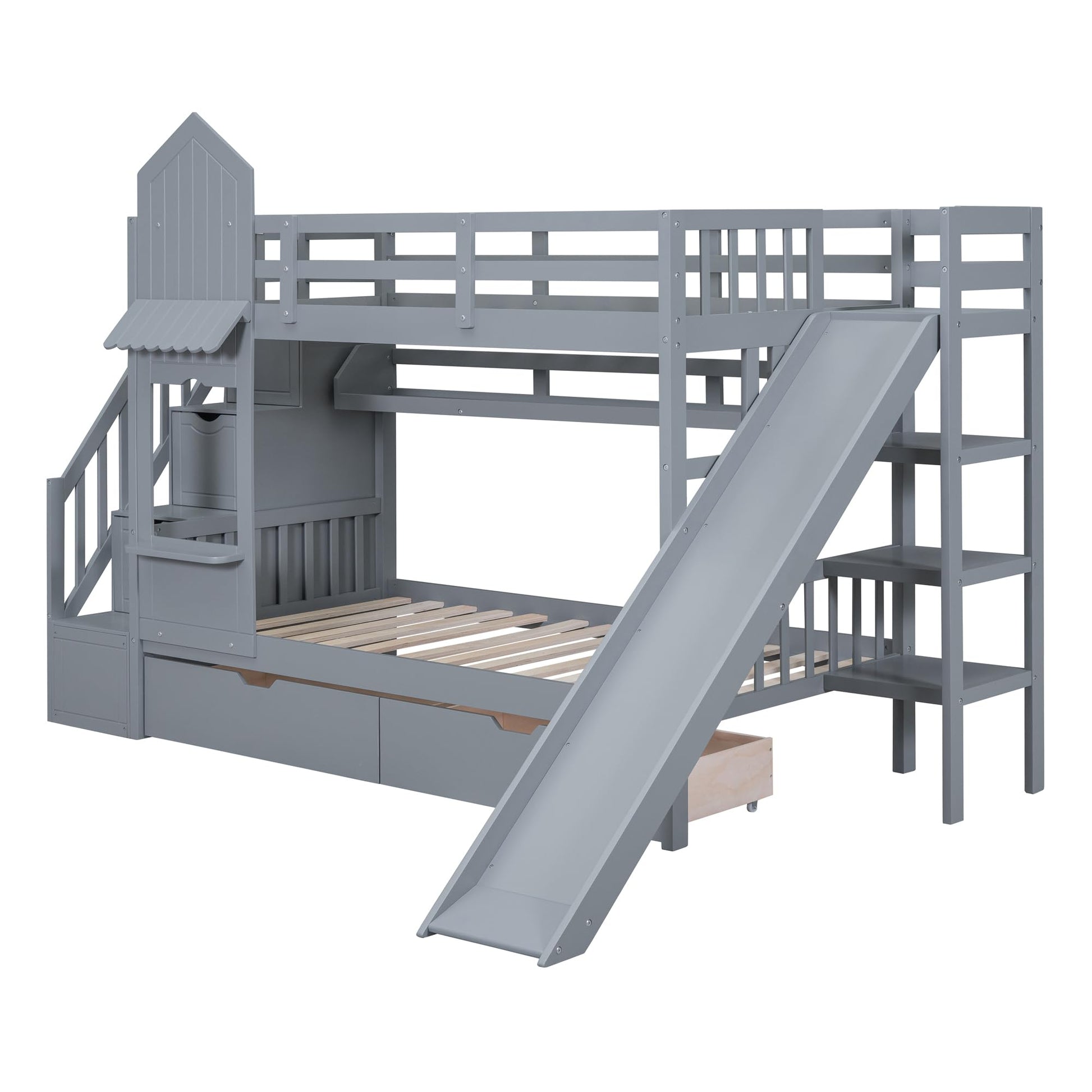 Twin-Over-Twin Bunk Beds Castle Style Bunk Bed with 2 Drawers 3 Shelves and Slide - Gray