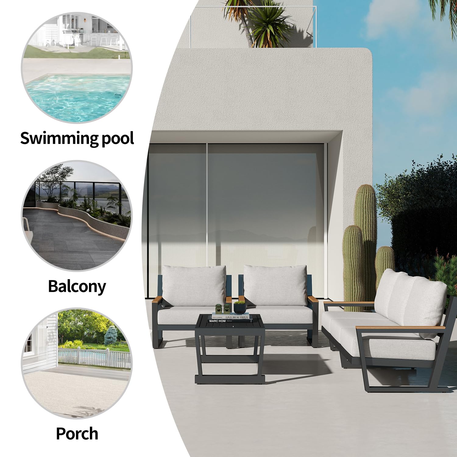Aug-guan Aluminum Outdoor Sofa,4 Seats Modern Patio Furniture Set,Sectional Sofa Conversation Set with Coffee Table, Upgraded Washable Cushions for Garden Backyard,Grey