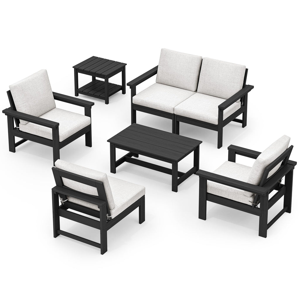 SERWALL HDPE Patio Furniture Set, 7-Piece Outdoor Sectional Sofa Set, All Weather Outdoor Couch Set for Deck, Lawn, Black Frame with Khaki Cushion