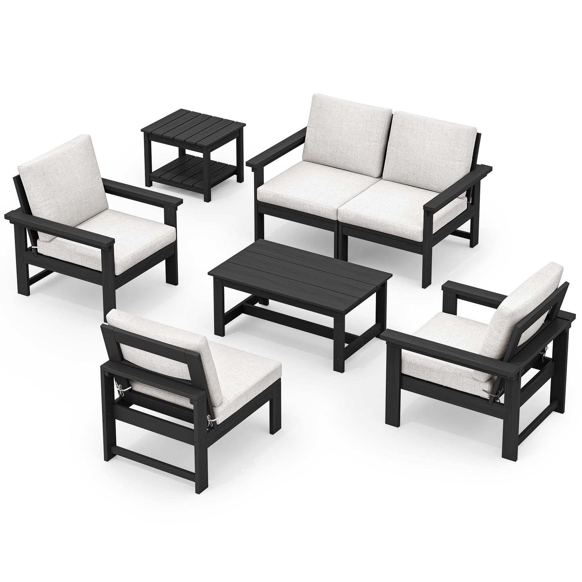 SERWALL HDPE Patio Furniture Set, 7-Piece Outdoor Sectional Sofa Set, All Weather Outdoor Couch Set for Deck, Lawn, Black Frame with Khaki Cushion