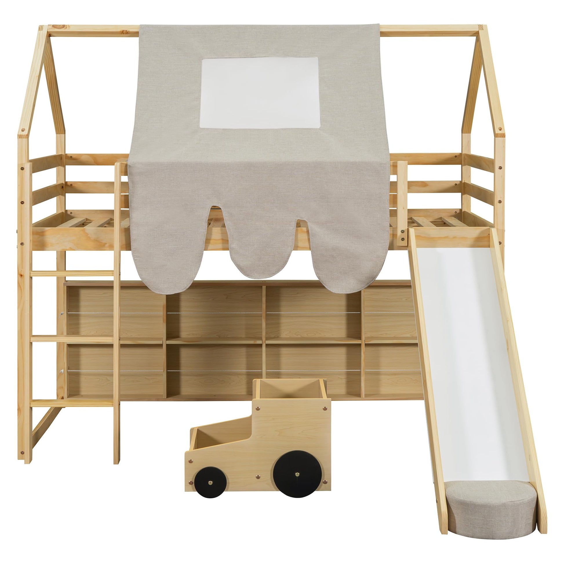 LZ LEISURE ZONE Twin Size Loft Bed with Slide, Wooden Twin House-Shaped Frame with Ladder, Shelves and a Tent, Natural