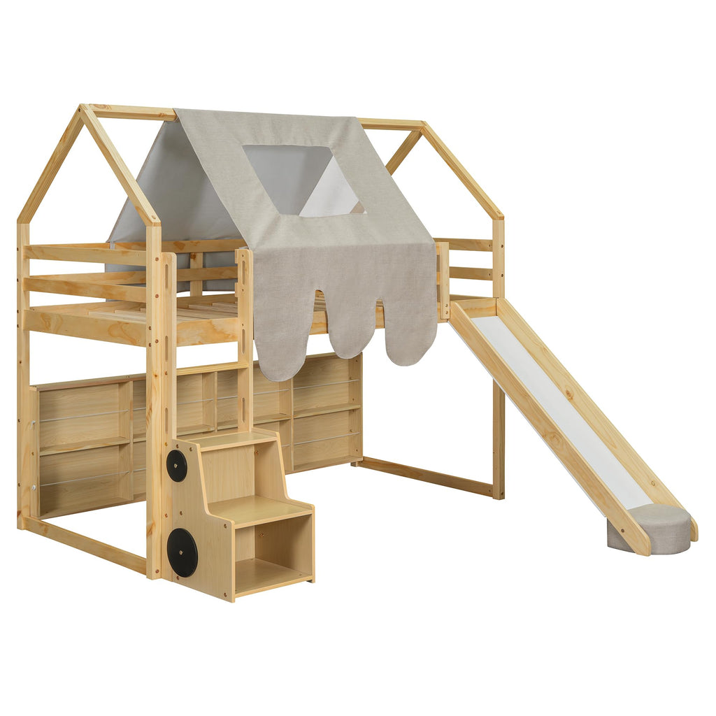 LZ LEISURE ZONE Twin Size Loft Bed with Slide, Wooden Twin House-Shaped Frame with Ladder, Shelves and a Tent, Natural