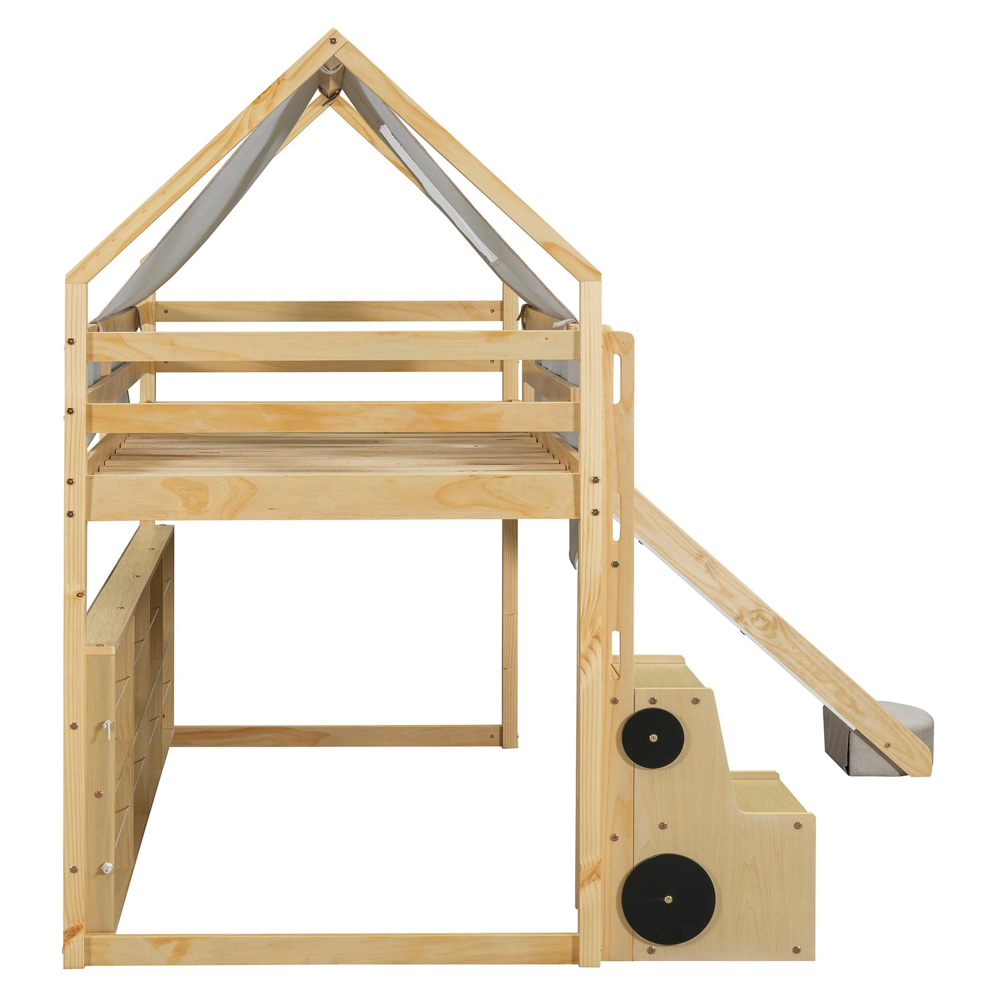 LZ LEISURE ZONE Twin Size Loft Bed with Slide, Wooden Twin House-Shaped Frame with Ladder, Shelves and a Tent, Natural