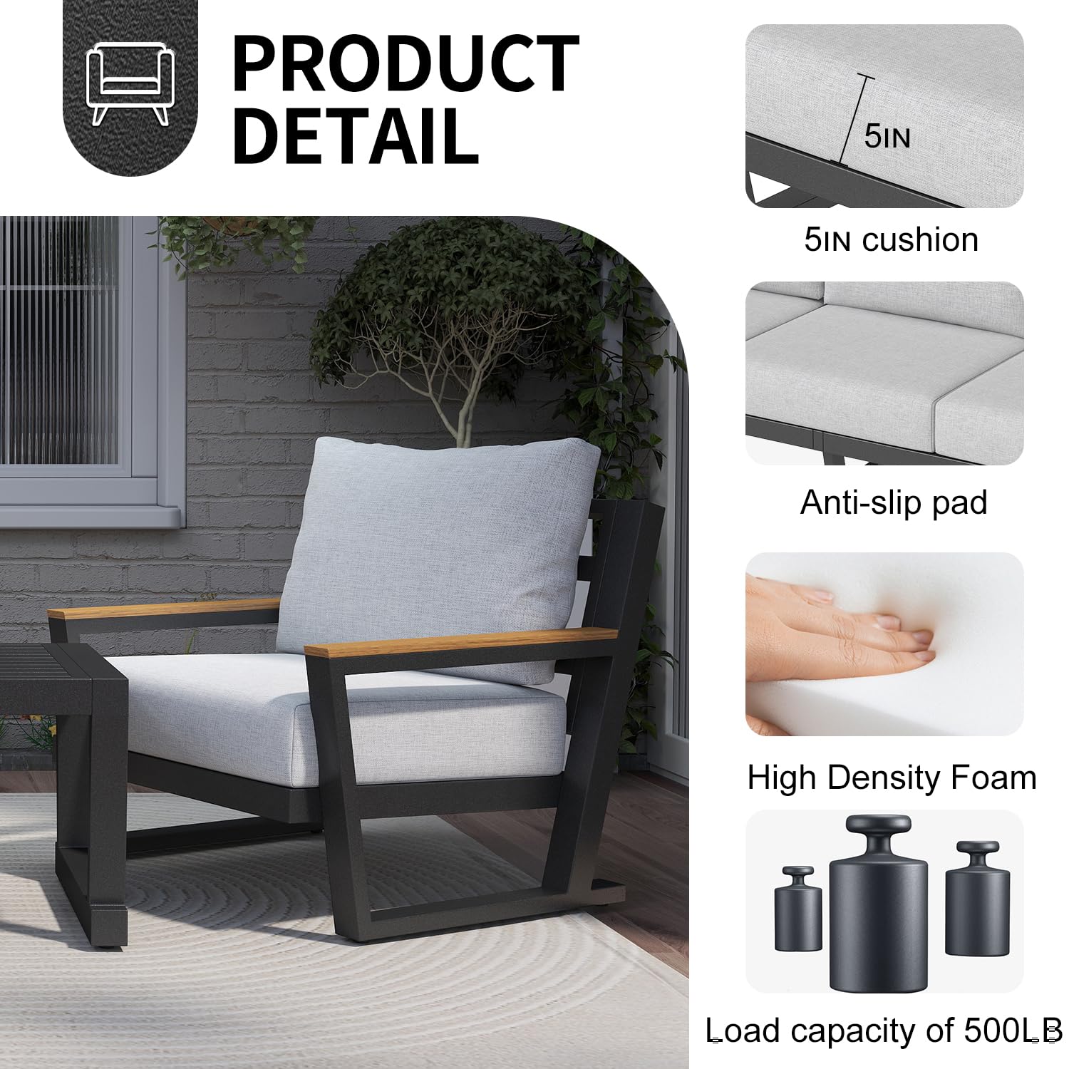 Aug-guan Aluminum Outdoor Sofa,4 Seats Modern Patio Furniture Set,Sectional Sofa Conversation Set with Coffee Table, Upgraded Washable Cushions for Garden Backyard,Grey