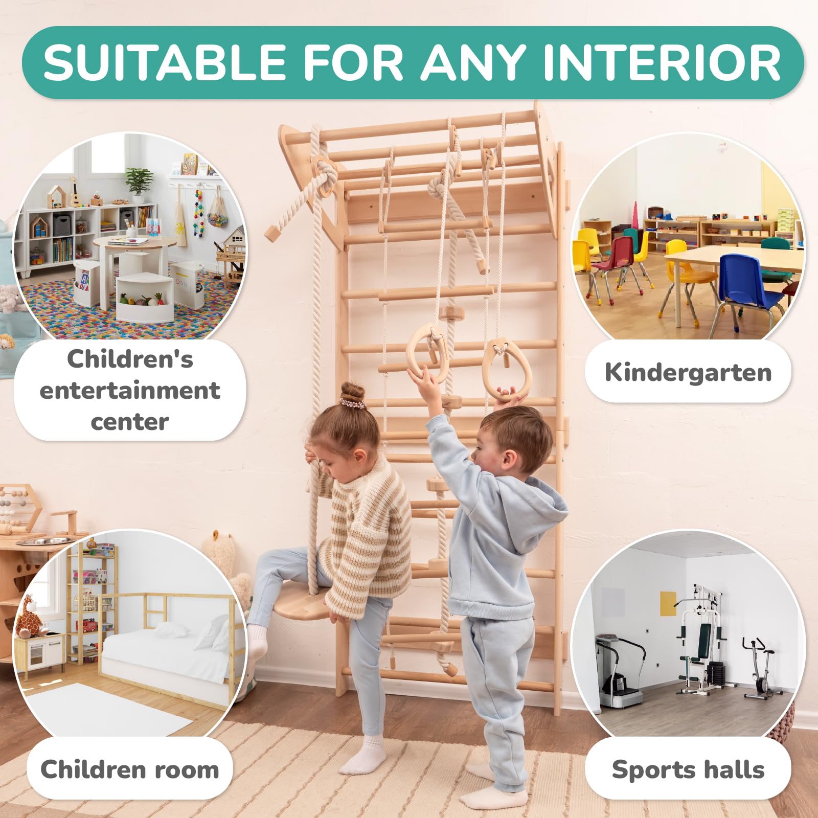 Woodandhearts Swedish Ladder for Kids with Rope Accessories - Indoor Jungle Gym, Indoor Jungle Gym for Kids Ages 6-16, Indoor Climbing Gym (Swedish Ladder of 2 Parts)