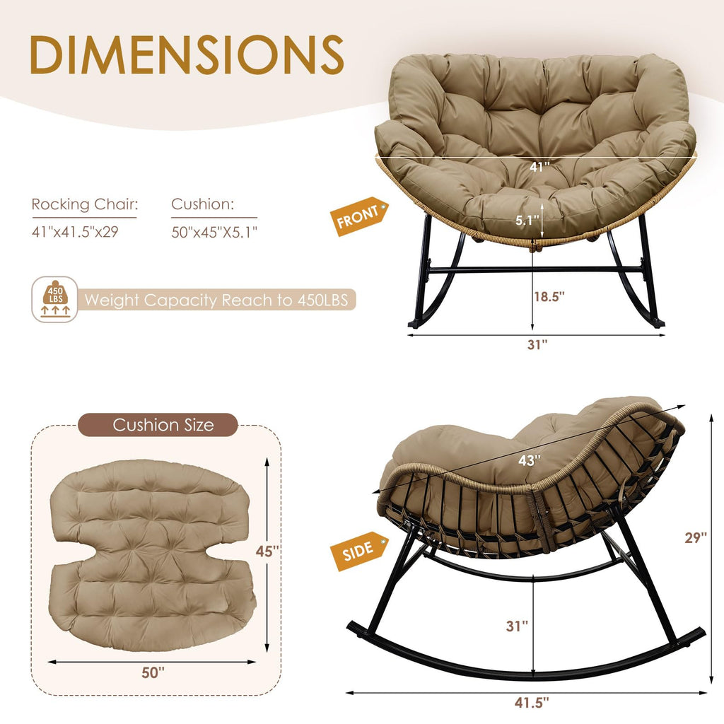 NICESOUL Indoor Outdoor Papasan Rocking Chair with Cushion, Oversized All Weather Patio Wicker Egg Rocking Glider Chairs, 450Lbs Sturdy Comfy Recliner Lounger for Balcony Backyard Porch, Brown