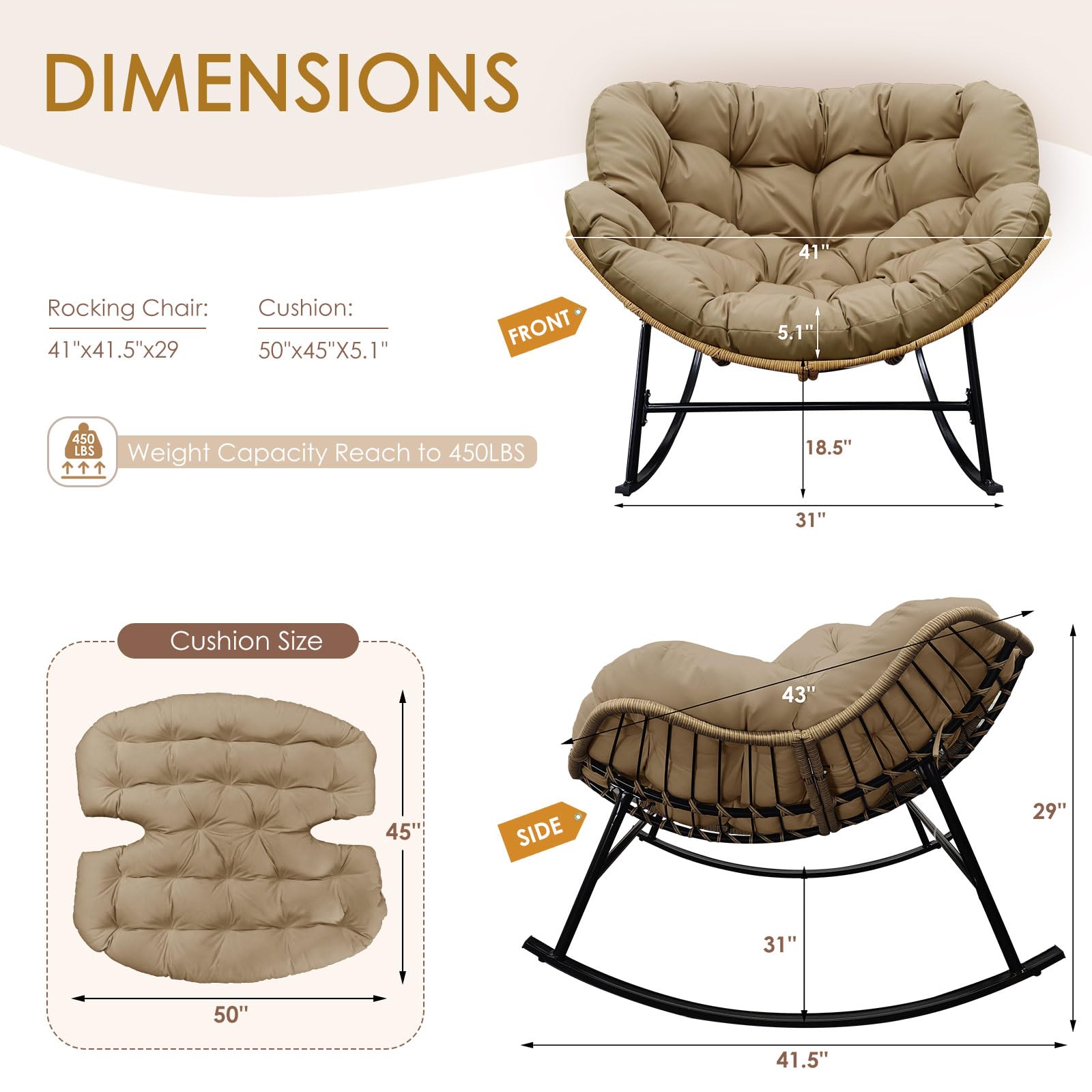 NICESOUL Indoor Outdoor Papasan Rocking Chair with Cushion, Oversized All Weather Patio Wicker Egg Rocking Glider Chairs, 450Lbs Sturdy Comfy Recliner Lounger for Balcony Backyard Porch, Brown