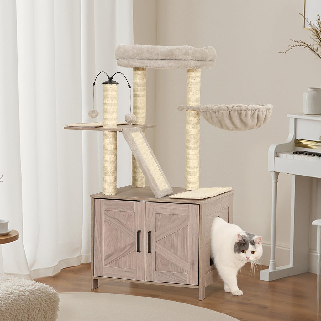 Amazon Basics Furniture-Style Cat Tree with Litter Box Enclosure, Scratching Posts, Sisal Pad, Cozy Perch and Hammock