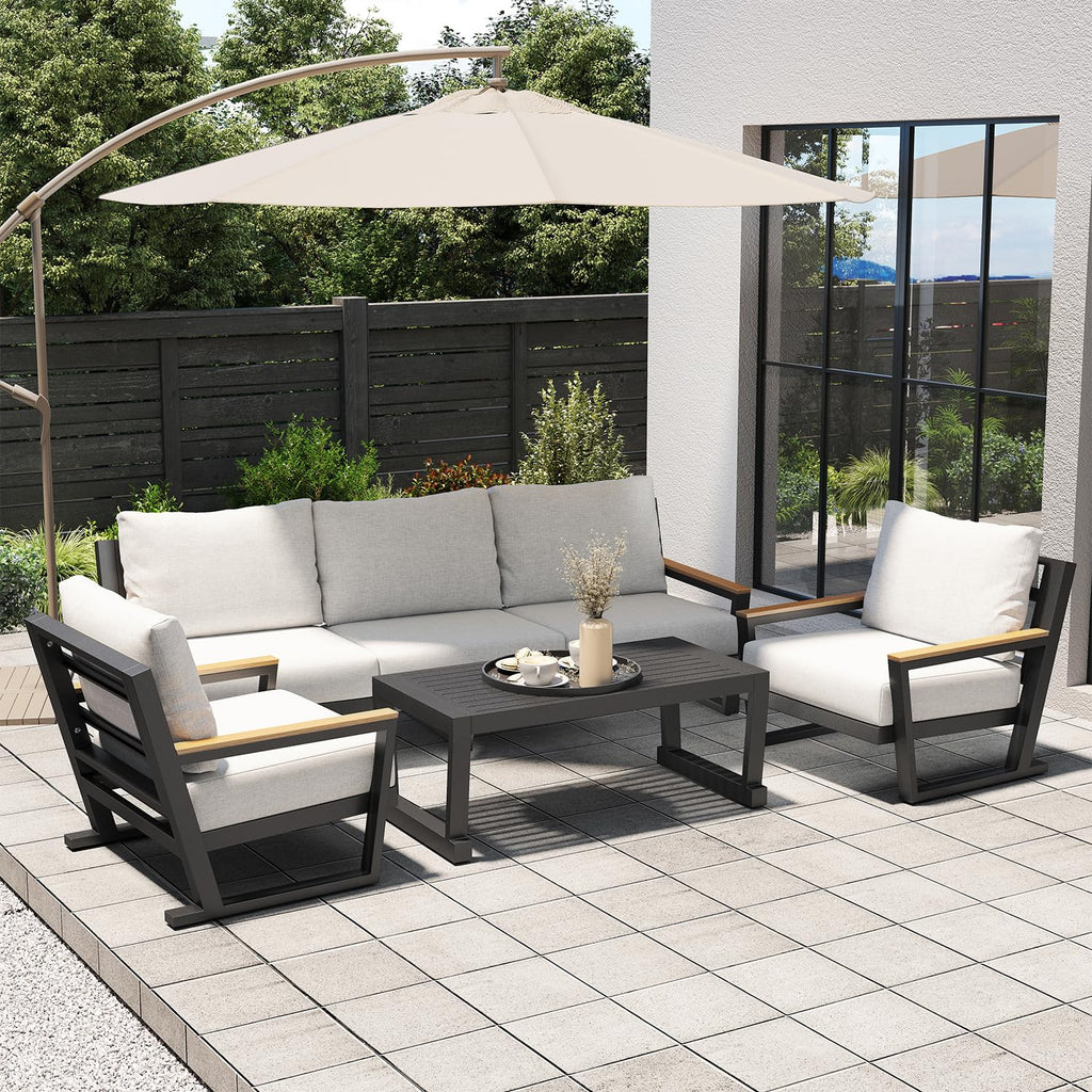 Aug-guan Aluminum Outdoor Sofa,4 Seats Modern Patio Furniture Set,Sectional Sofa Conversation Set with Coffee Table, Upgraded Washable Cushions for Garden Backyard,Grey