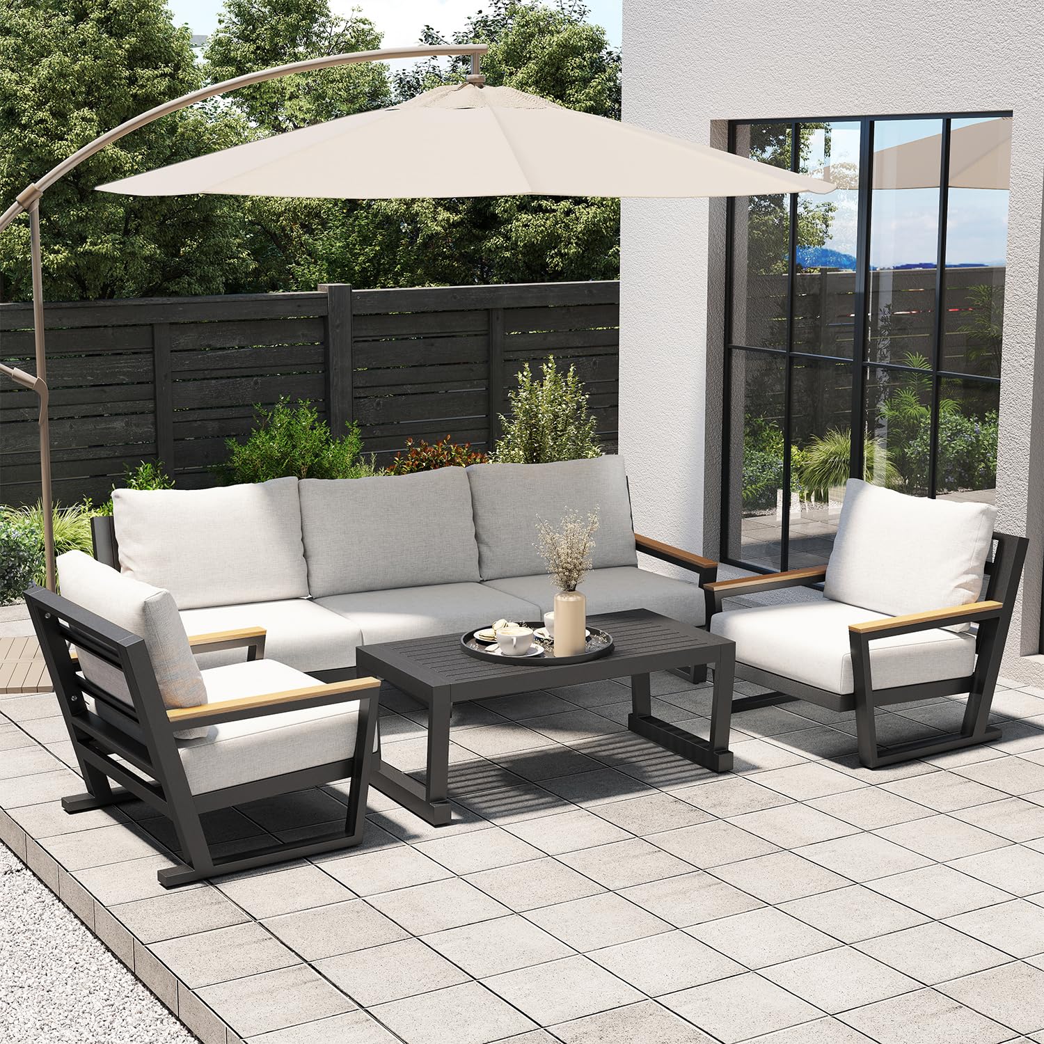 Aug-guan Aluminum Outdoor Sofa,4 Seats Modern Patio Furniture Set,Sectional Sofa Conversation Set with Coffee Table, Upgraded Washable Cushions for Garden Backyard,Grey