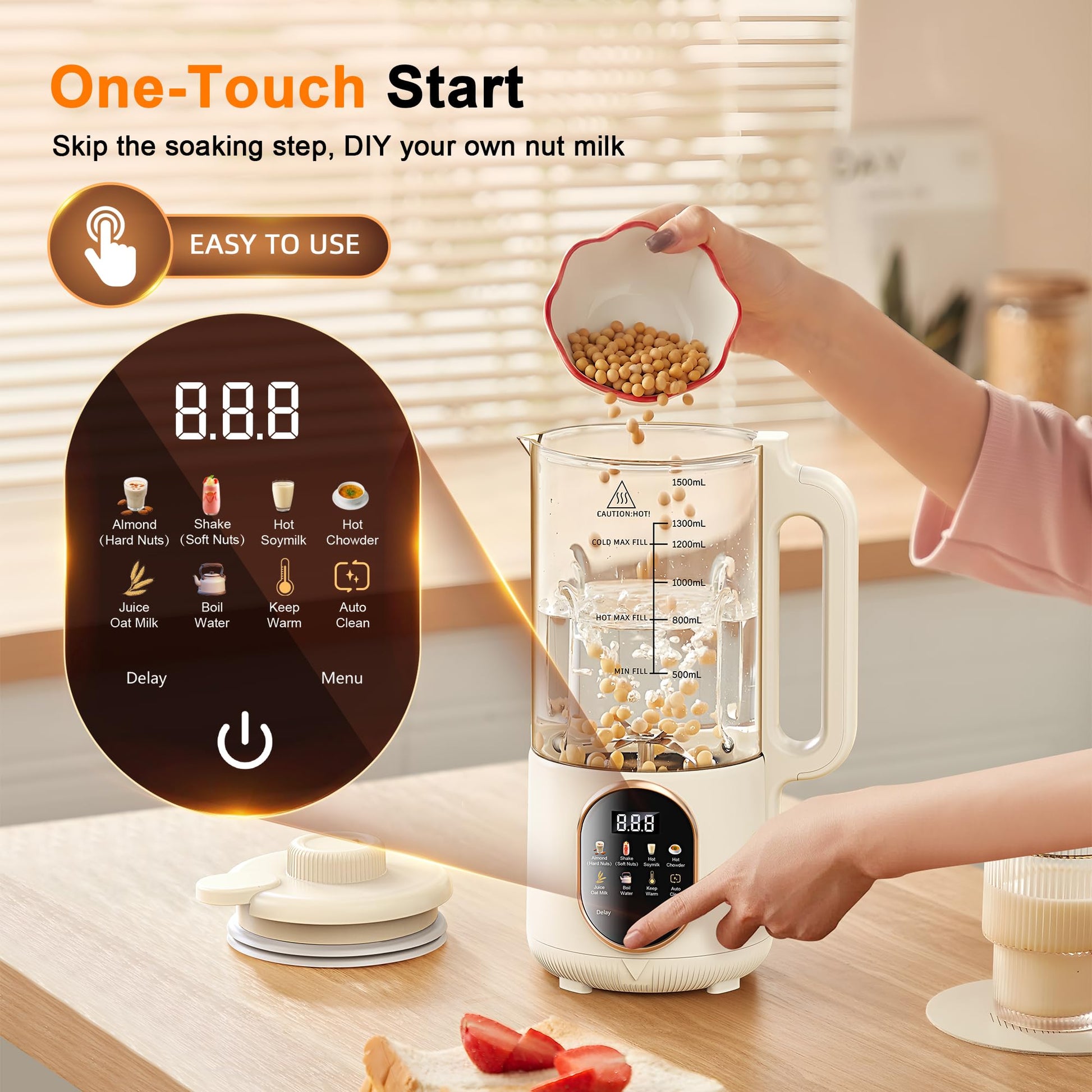 50oz Nut Milk Maker, 10 in 1 Automatic Nut Milk Maker with 20 Blades,Almond Milk Machine,Plant Based Milks Homemade Oat,Chowder,Juice,Soy Milk Machine with Delay Start,Boil Water,Keep Warm& Auto Clean
