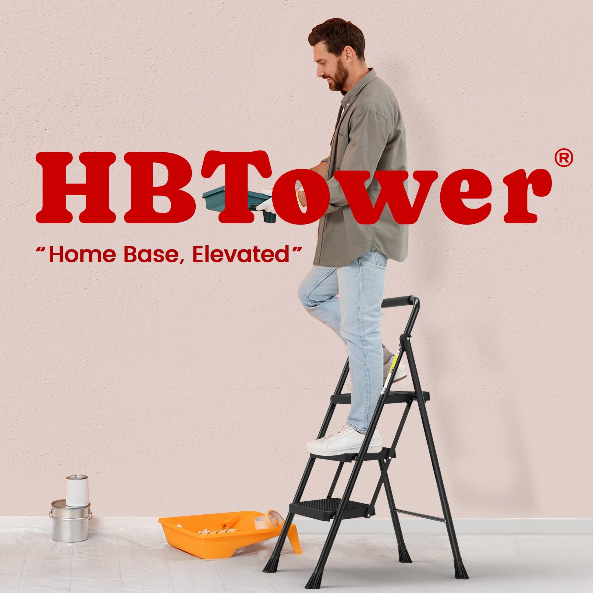 HBTower Step Ladder, Folding Step Stool with Wide Anti-Slip Pedal, Sturdy Steel Ladder, Convenient Handrail, Lightweight, Portable Steel Step Stool