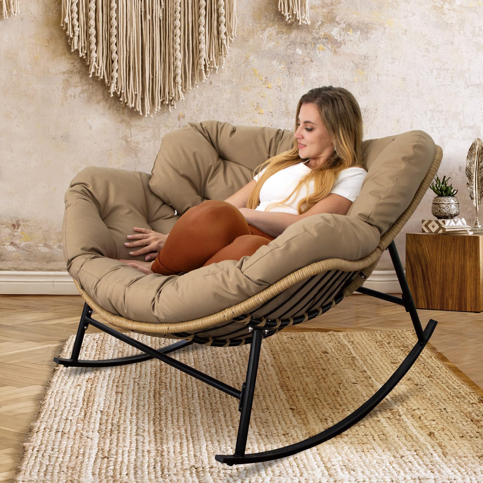 NICESOUL Indoor Outdoor Papasan Rocking Chair with Cushion, Oversized All Weather Patio Wicker Egg Rocking Glider Chairs, 450Lbs Sturdy Comfy Recliner Lounger for Balcony Backyard Porch, Brown