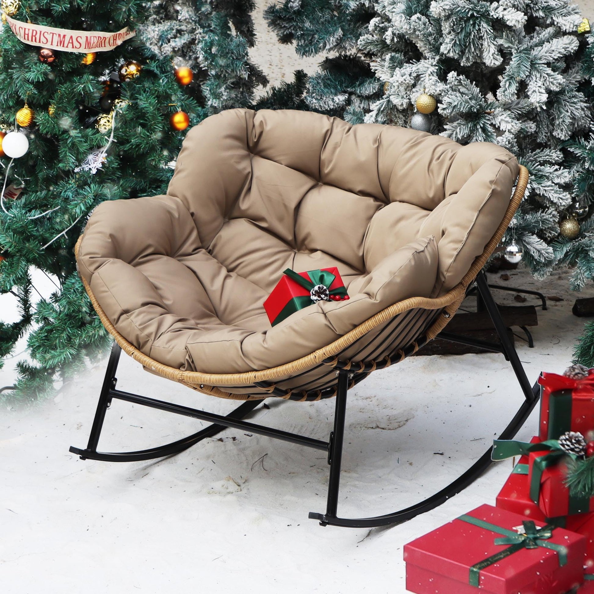 NICESOUL Indoor Outdoor Papasan Rocking Chair with Cushion, Oversized All Weather Patio Wicker Egg Rocking Glider Chairs, 450Lbs Sturdy Comfy Recliner Lounger for Balcony Backyard Porch, Brown