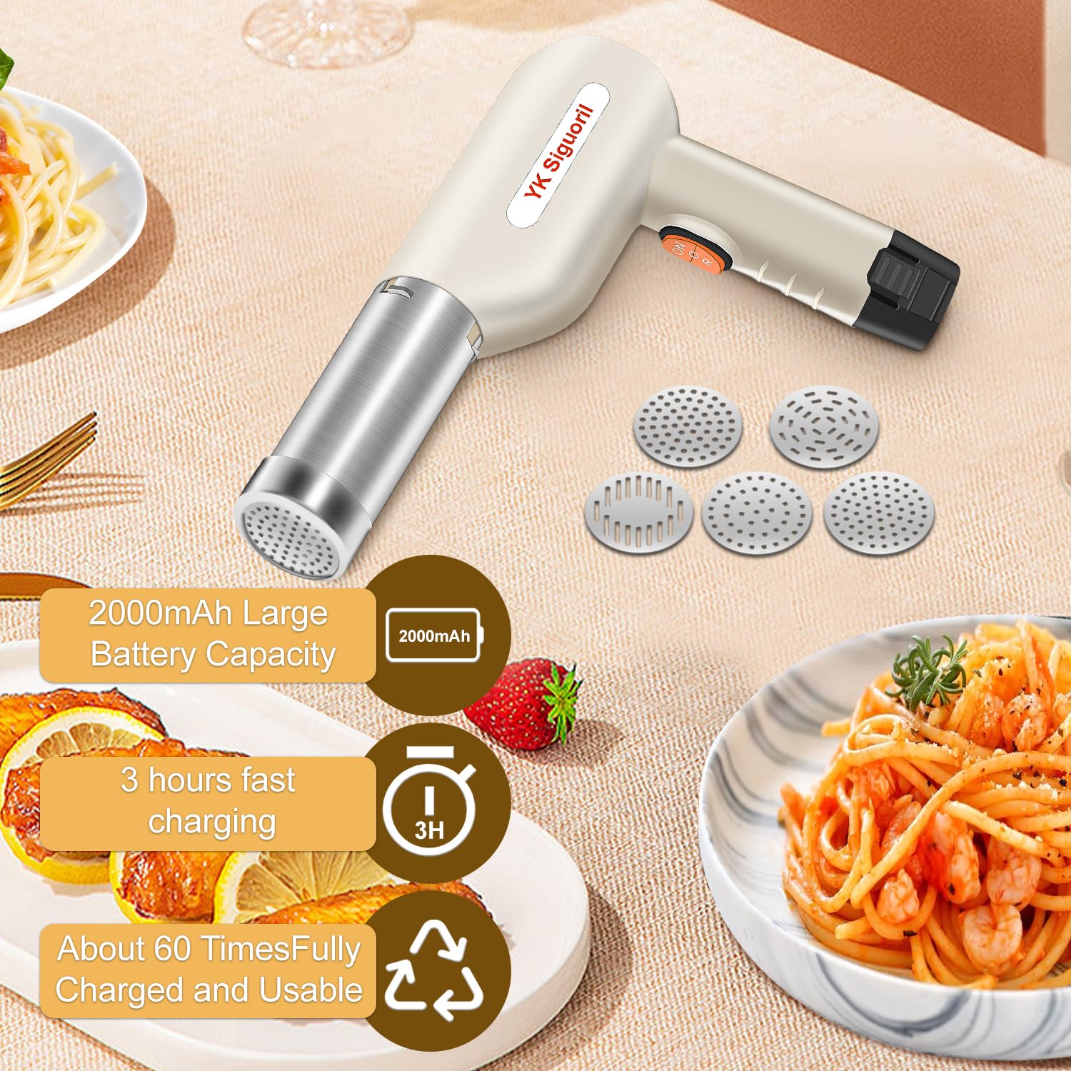 YK Siguoril Handheld Electric Pasta Maker 5-in-1 Cordless Pasta Maker Machine Automatic Noodle Press Machine for Homemade Spaghetti, Portable Noodle Maker with Dough Cutter, Quick and Easy to Clean