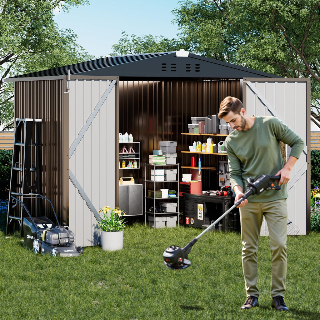 COMHOMA Shed Outdoor Storage Shed Metal,Lockable Doors Tool Sheds with Sloping Roof,Steel Garden Shed with Air Vent for Backyard,Patio,Lawn,Poolside (Brown, 8'x6')