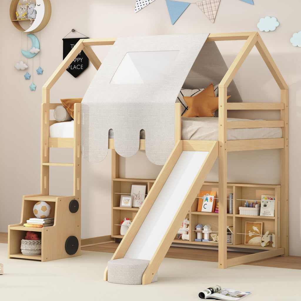 LZ LEISURE ZONE Twin Size Loft Bed with Slide, Wooden Twin House-Shaped Frame with Ladder, Shelves and a Tent, Natural