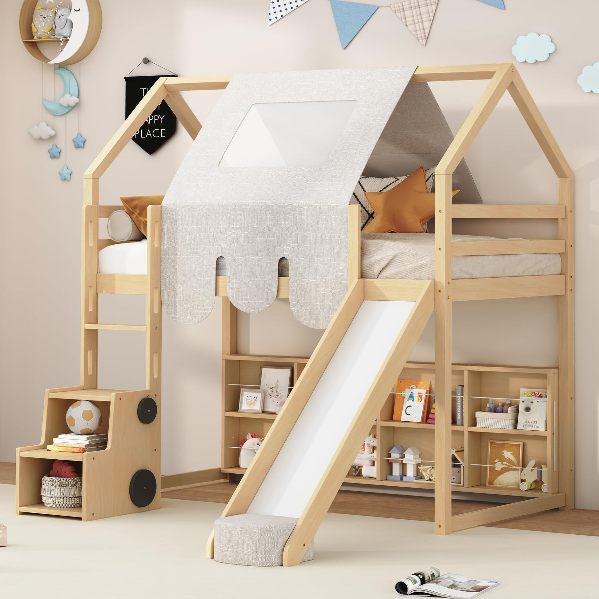 LZ LEISURE ZONE Twin Size Loft Bed with Slide, Wooden Twin House-Shaped Frame with Ladder, Shelves and a Tent, Natural