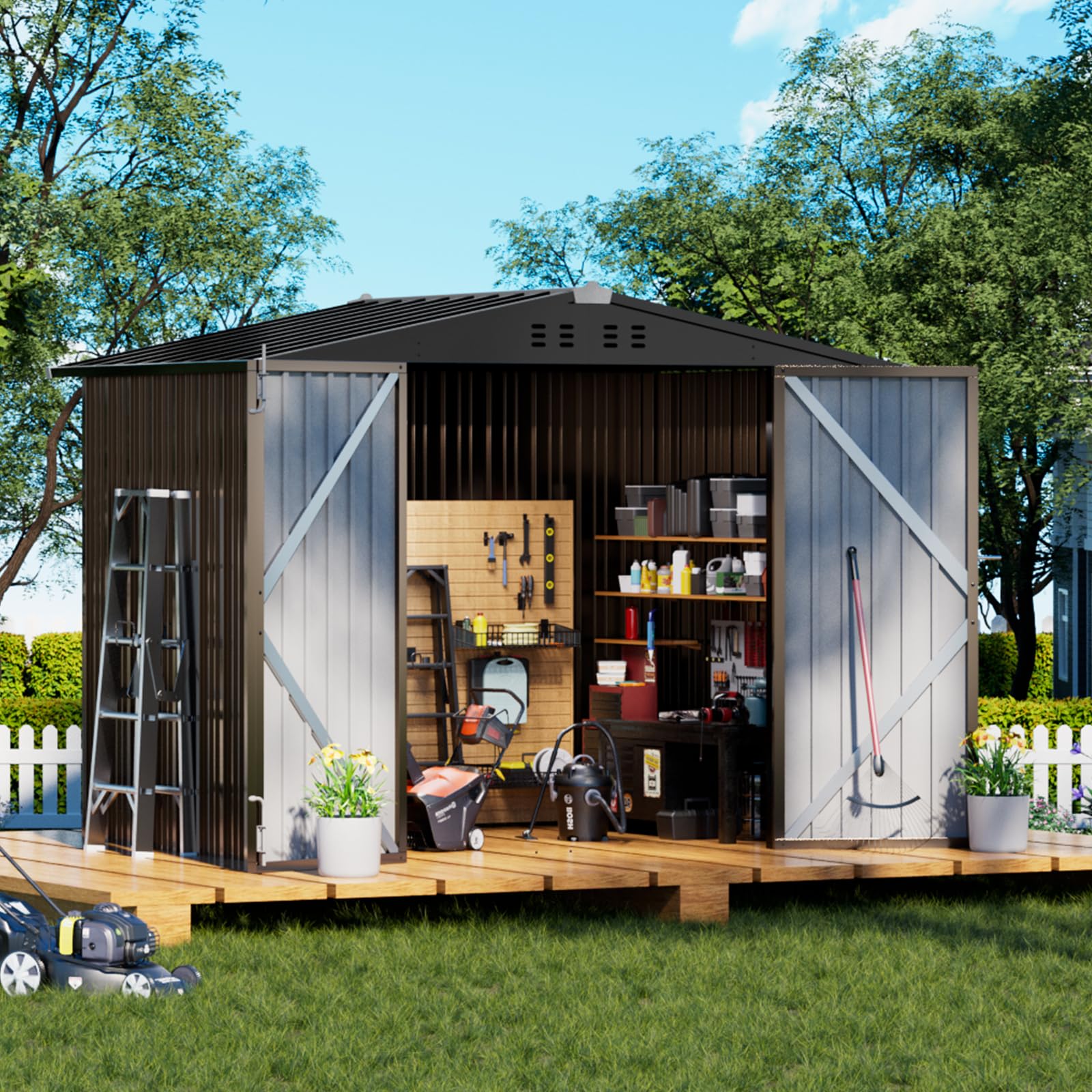 COMHOMA Shed Outdoor Storage Shed Metal,Lockable Doors Tool Sheds with Sloping Roof,Steel Garden Shed with Air Vent for Backyard,Patio,Lawn,Poolside (Brown, 8'x6')