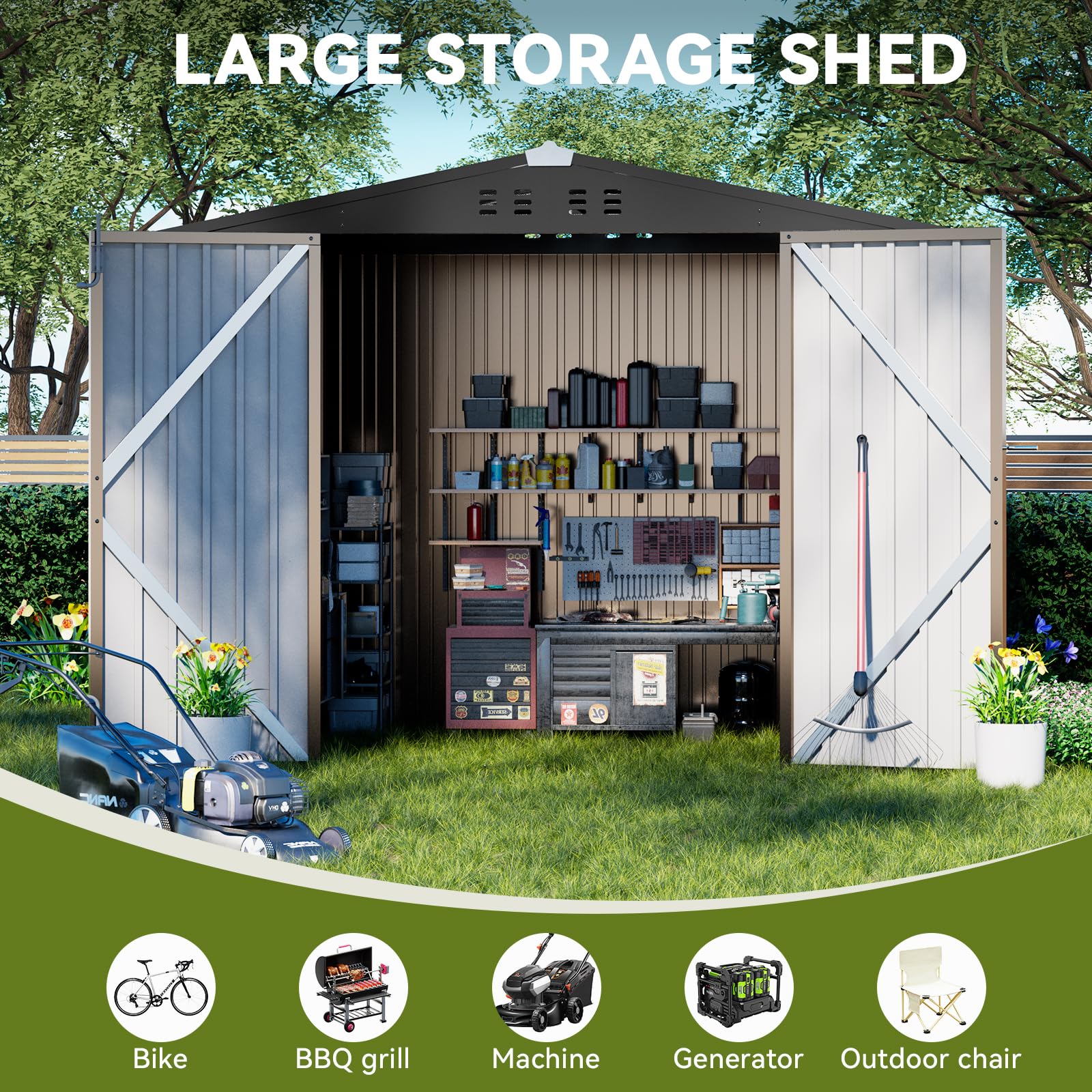 COMHOMA Shed Outdoor Storage Shed Metal,Lockable Doors Tool Sheds with Sloping Roof,Steel Garden Shed with Air Vent for Backyard,Patio,Lawn,Poolside (Brown, 8'x6')