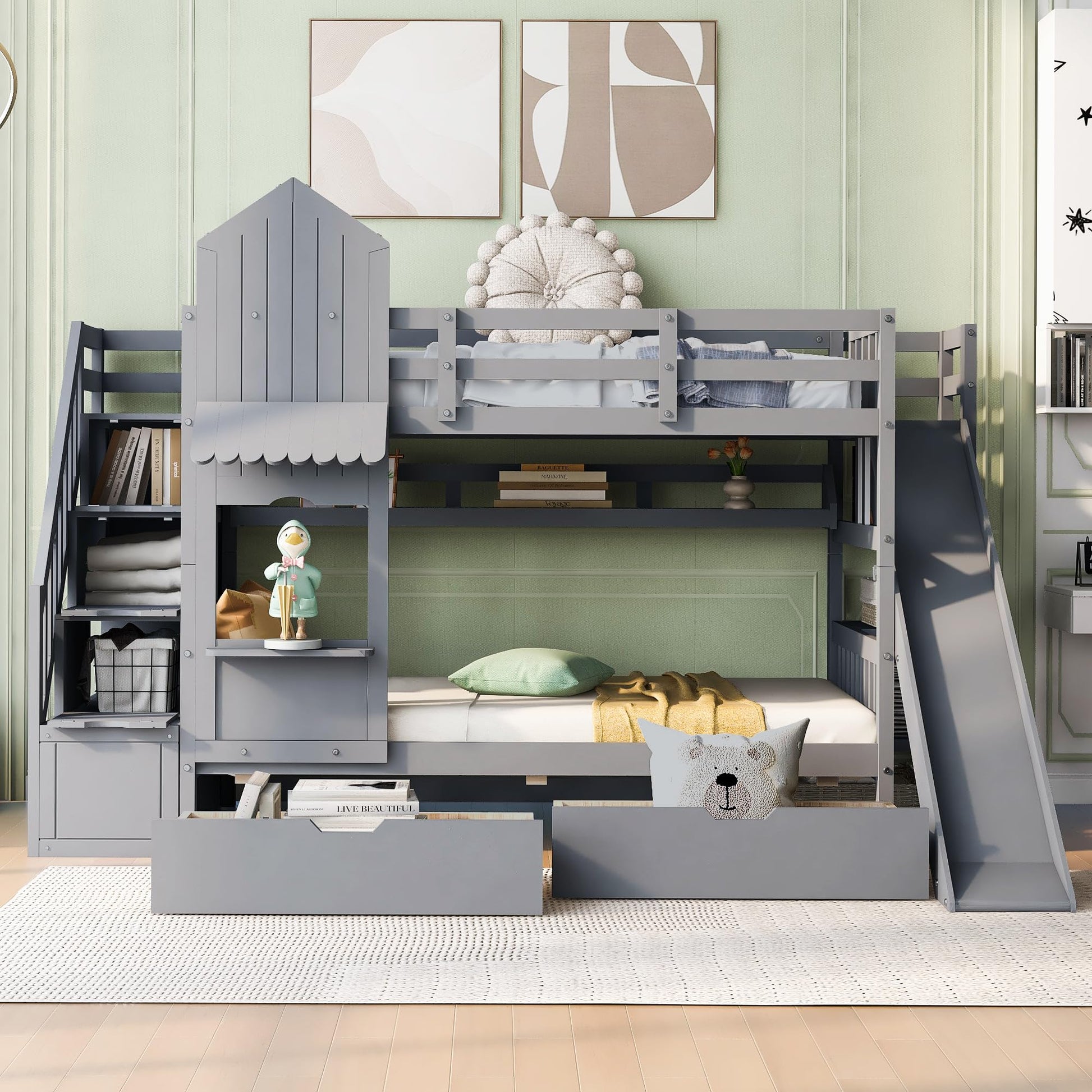 Twin-Over-Twin Bunk Beds Castle Style Bunk Bed with 2 Drawers 3 Shelves and Slide - Gray