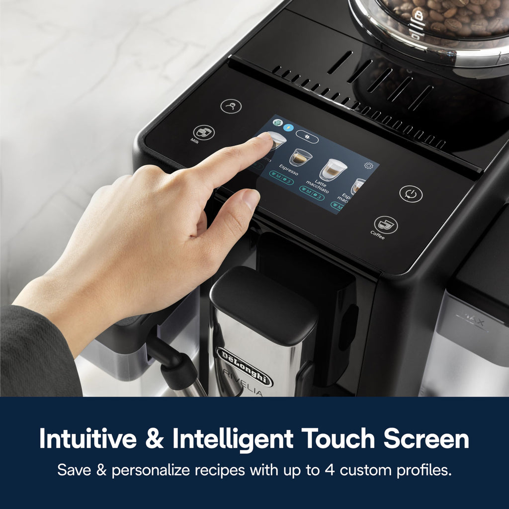 De'Longhi Rivelia Automatic Espresso Machine with Grinder & Milk Frother – All-in-One Coffee Maker, Hot & Iced Latte, Cappuccino, Bean Switch System, Burr Grinder, Compact Italian Design, Black