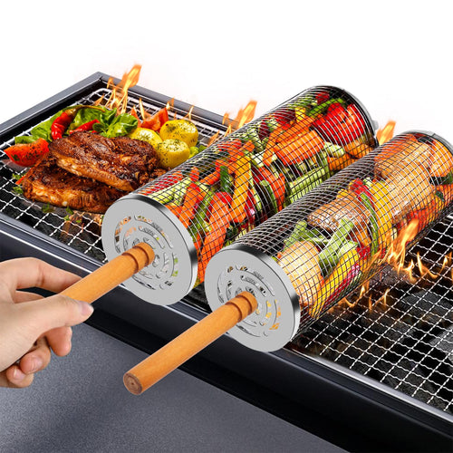 2PCS Nesting Grill Baskets with Removable Wooden Handles(11.8" x 3.9"), 304 Stainless Steel Rolling Barbecue Grill Mesh for Vegetables and Shrimp, BBQ Accessory Gifts for Men, BBQ Net Tube