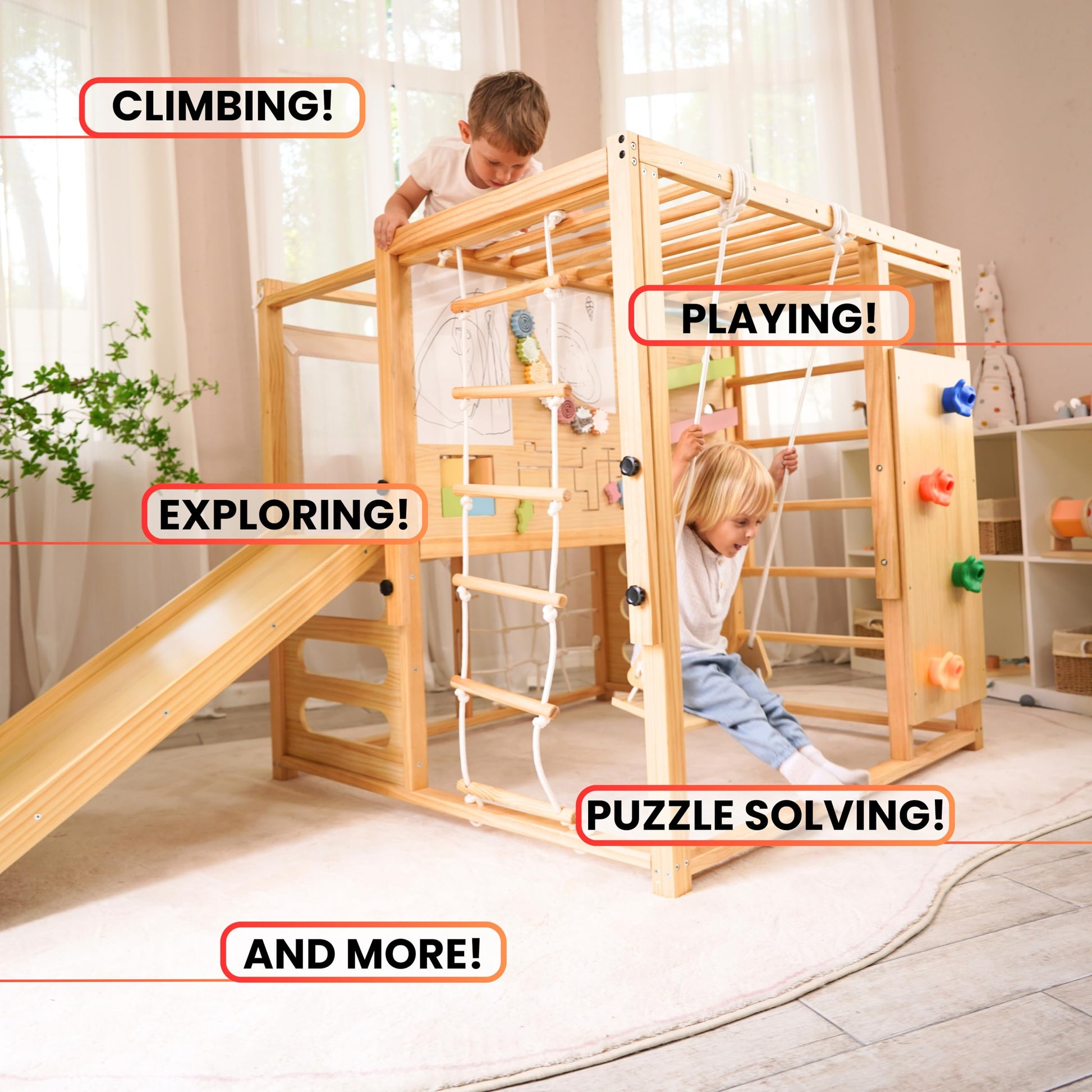 Avenlur Montessori Gym Alpine Wooden Jungle Gym with Indoor Swing, Toddler & Baby Climbing Toys, Rock Wall Perfect for Active Fun & Skill Development, Ages 2-8