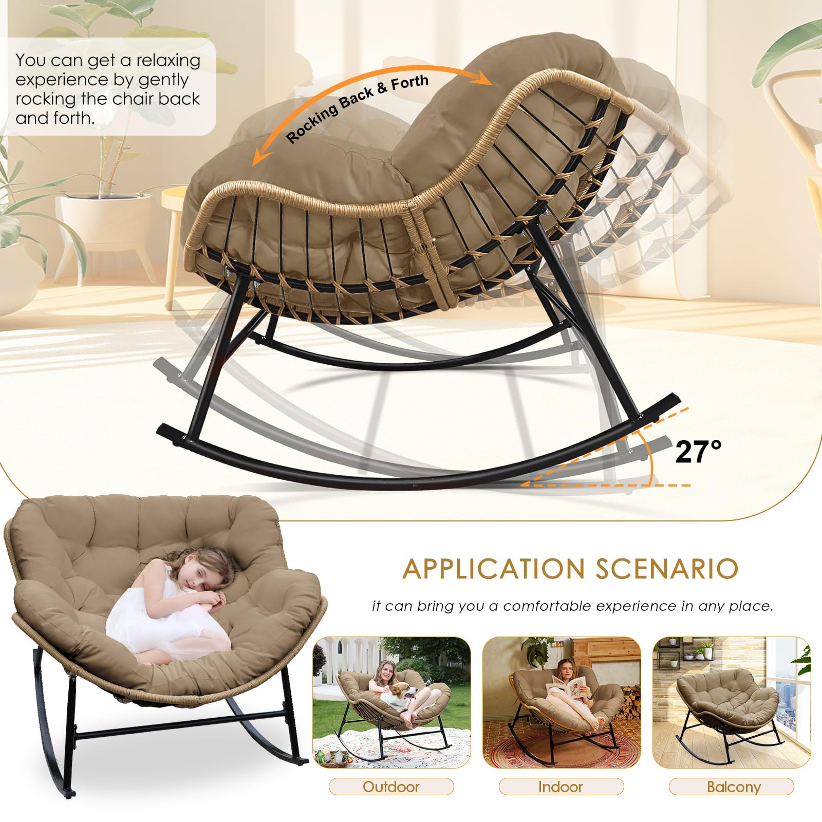 NICESOUL Indoor Outdoor Papasan Rocking Chair with Cushion, Oversized All Weather Patio Wicker Egg Rocking Glider Chairs, 450Lbs Sturdy Comfy Recliner Lounger for Balcony Backyard Porch, Brown