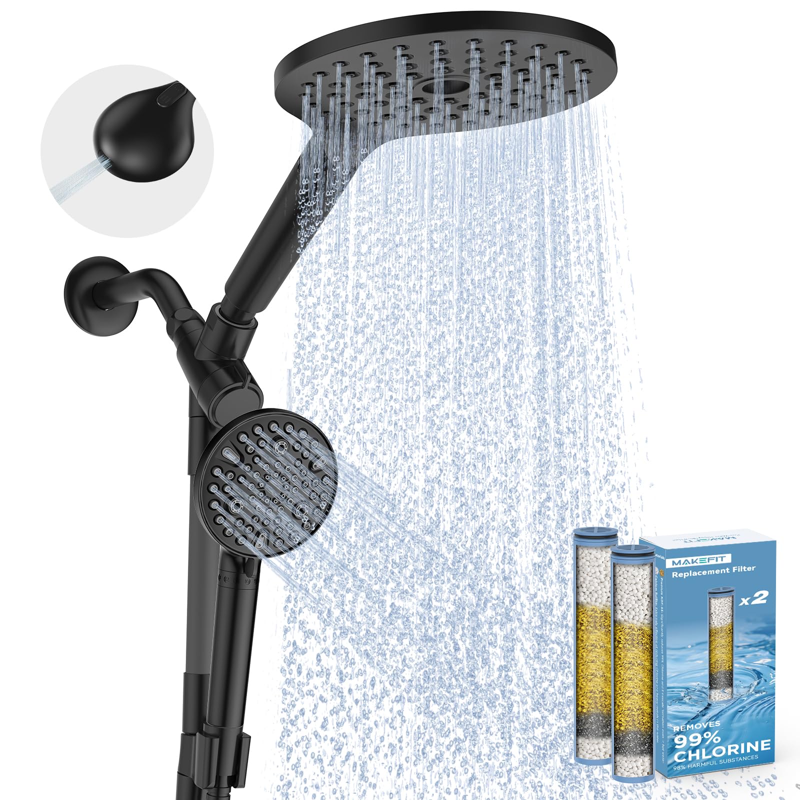 MakeFit Dual Filtered Rain Shower Head Combo, High Pressure Handheld Shower Head with Adjustable Bar - Rainfall Shower Head And Showerhead with Filter for Hard Water - Removes Chlorine