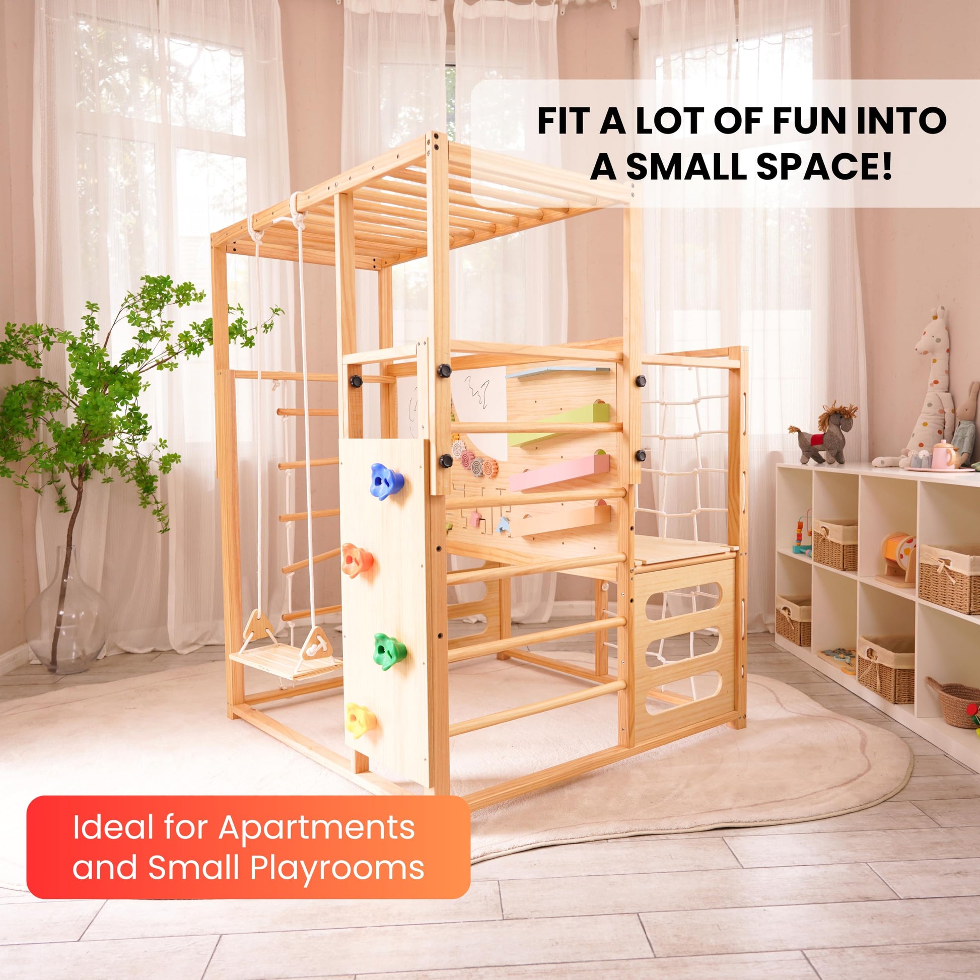 Avenlur Montessori Gym Alpine Wooden Jungle Gym with Indoor Swing, Toddler & Baby Climbing Toys, Rock Wall Perfect for Active Fun & Skill Development, Ages 2-8